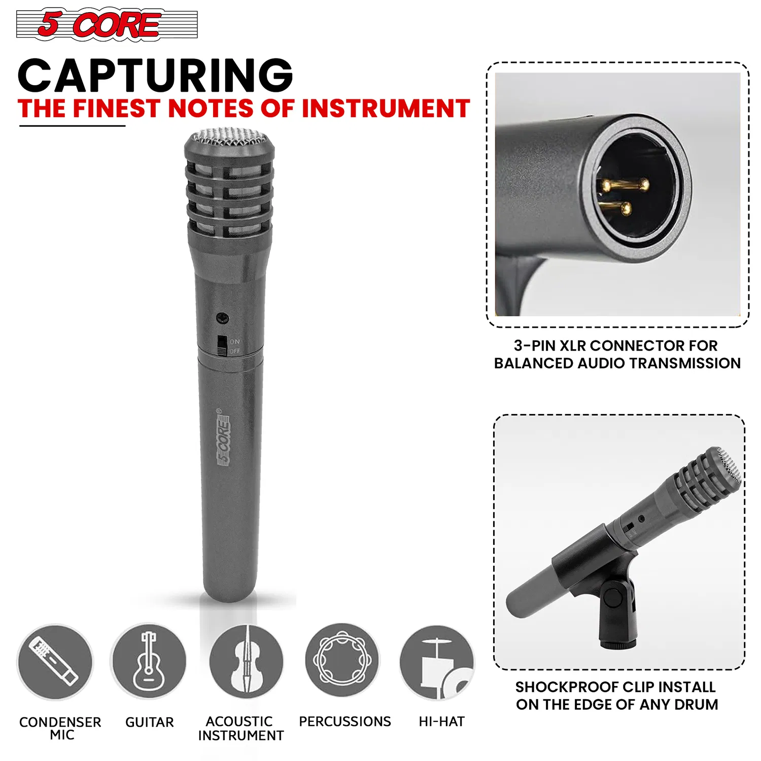 5 CORE Professional Instrument Microphone Pencil Mic Condenser Cardioid Unidirectional Stick Microfono with Windscreen Mic Clip & Case photo 2