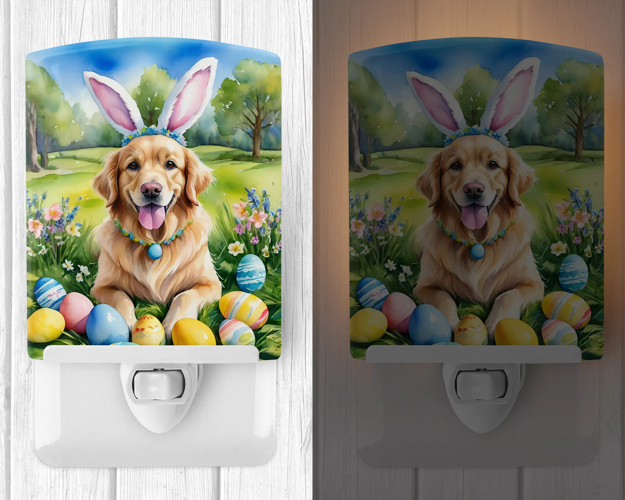 NEW Golden Retriever Easter Egg Hunt Ceramic Night Light Compact, UL-Certified, Ideal for Bedroom, Bathroom, Nursery, Hallway, Kitchen, 6x4x3, Multicolor photo 3