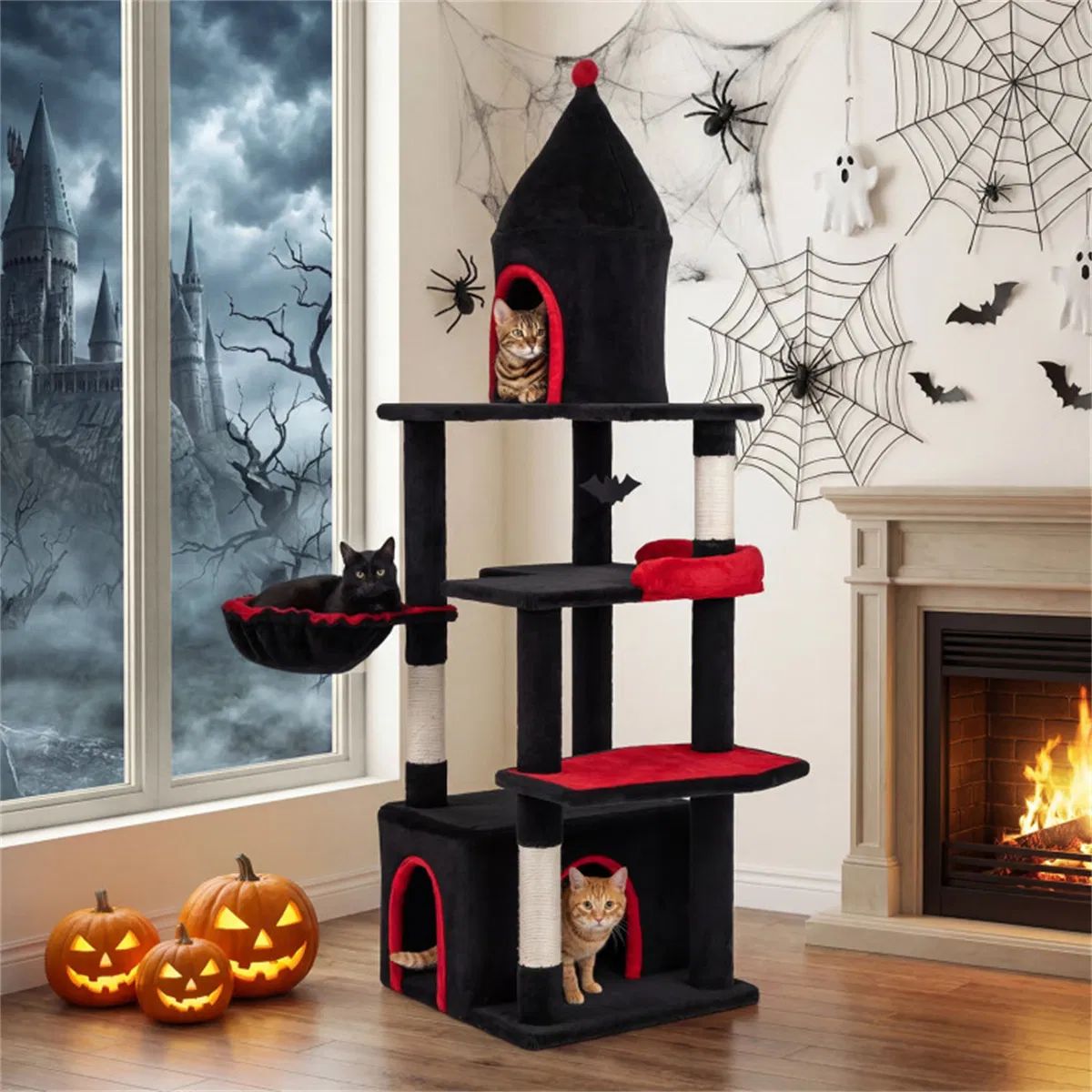 Gothic 5-Level Cat Tree 63" Tall with Sisal Scratching Posts Black Red Cat Tower photo 6