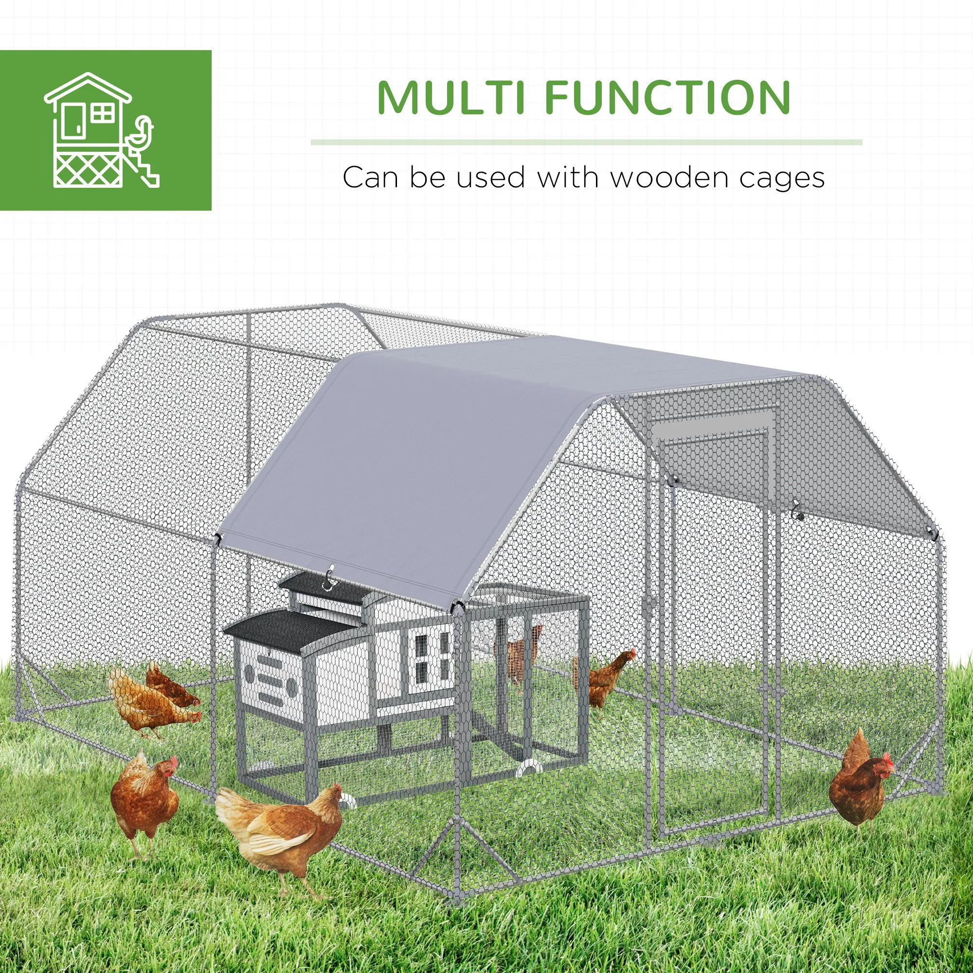 Chicken Run, Galvanized Large Metal Chicken Coop Cage, Walk-in Enclosure Poultry Hen Run House Playpen Rabbit Hutch with Flat Roof, Cover, 9.2' x 12.5' x 6.5', Silver photo 4