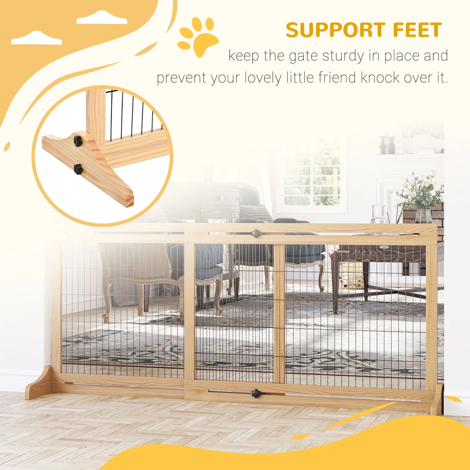 41"-72" Wooden Freestanding Pet Gate with Support Feet, for Small Medium Dogs, Natural photo 6