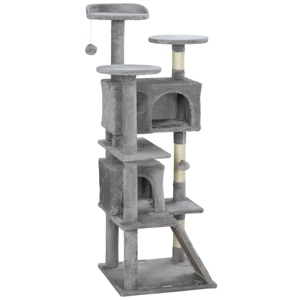 54" Cat Tree, Multi-Level Cat Tower with Scratching Posts, Cat Condos, Bed, Platforms, Ramp, Toy Ball, Light Grey photo 7