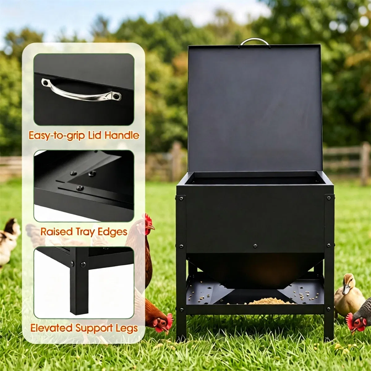 Heavy Duty Stainless Steel Chicken Feed Hopper with Lift Top Cover, Raised Legs Spill-Proof Poultry Feeding Box for Backyard Flock Low Refill Frequency photo 5