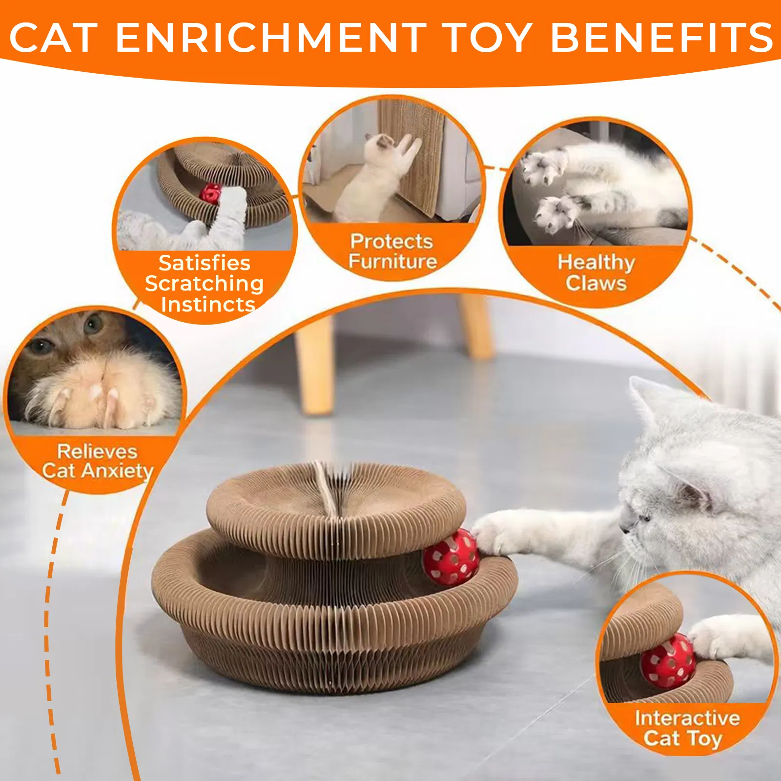 Kitty Curls Cat Toy - Foldable Accordion Cat Scratcher withBall - Magic Organ Cat Scratch Board for Interactive Play -Calming Features photo 4