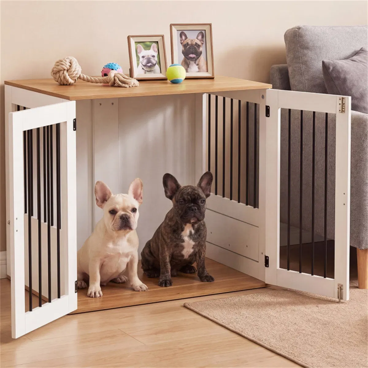 Furniture Style Dog Crate with 360° Rotating Feeder & 304 Stainless Steel Bowls, Double Locking Indoor Dog Kennel photo 4