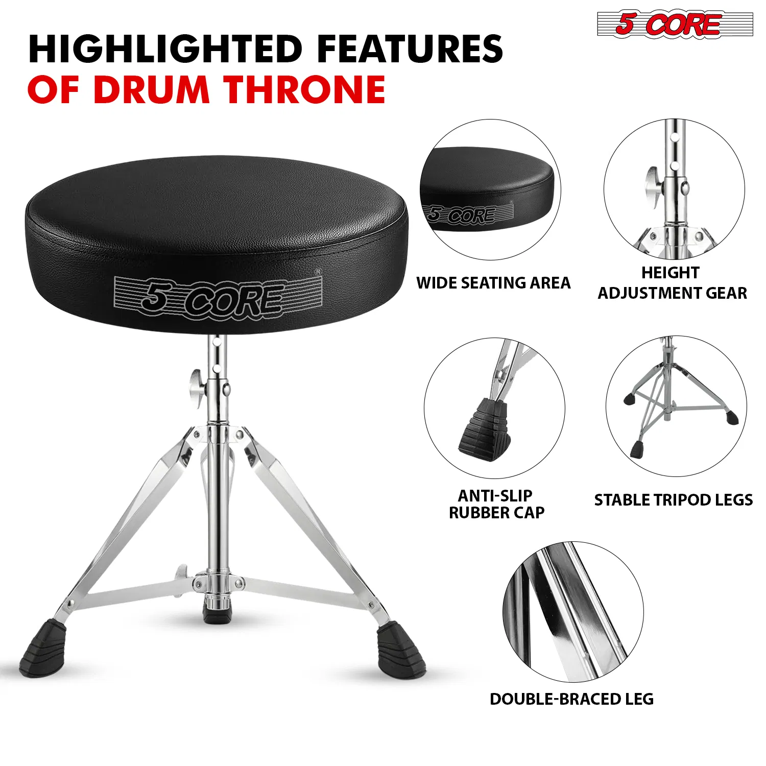 5 CORE Drum Throne Padded Guitar Stool Height Adjustable Music Chair Seat Universal for Adults & Kids with Anti Slip Rubber Feet photo 5
