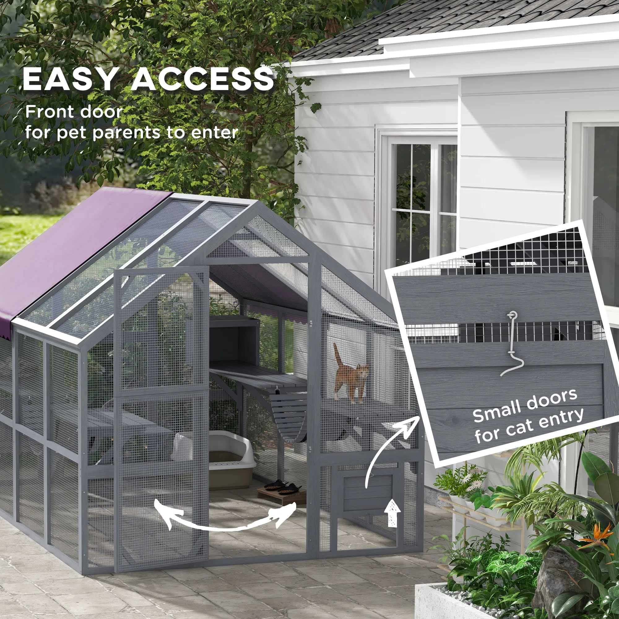 Outdoor Cat Enclosure Wooden Feral Cat House w/ Weatherproof Canopy, Bridges, Resting Boxes, Platforms, for 3-6 Cats photo 3