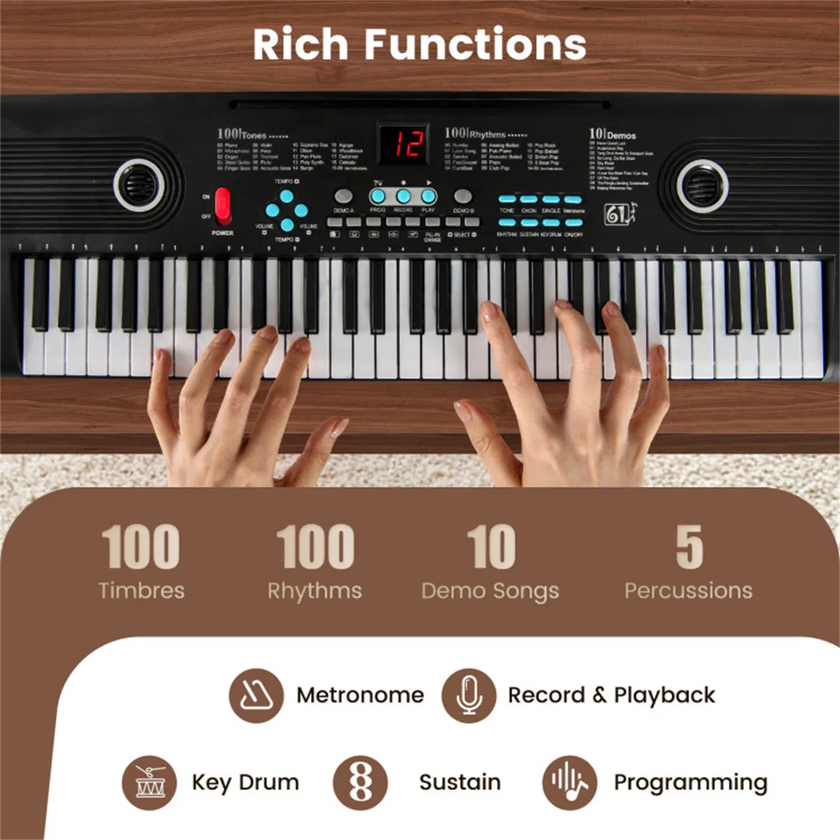61-Key Portable Electric Keyboard for Beginners, 58.42×17.78×5.08 cm Digital Piano with 100 Rhythms/Timbres & Full Accessory Kit, Black photo 2