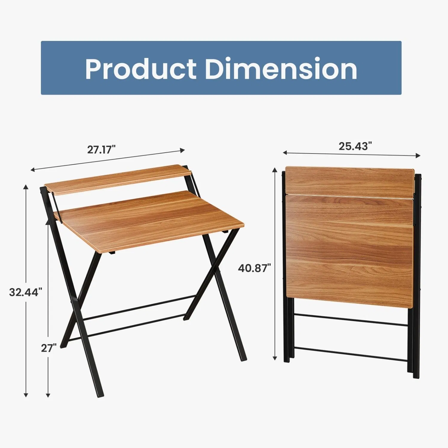 Small Folding Desk with Shelf, No-Assembly Foldable Computer Table for Tight Spaces, Portable Writing Desk for Office Dorm Apartment, Space Saving And Sturdy Metal Frame photo 6