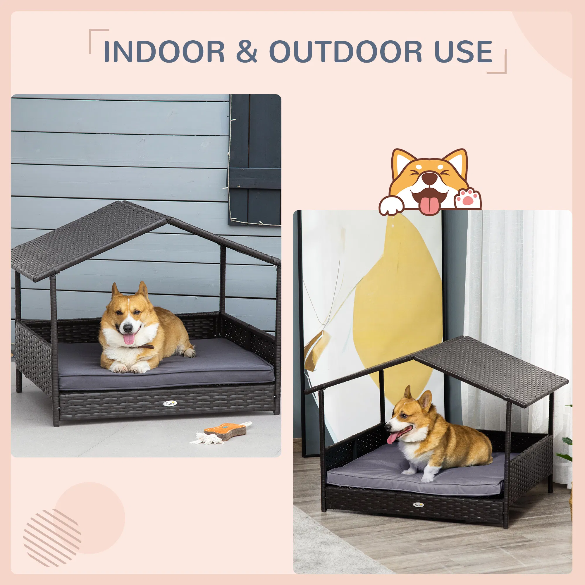 Wicker Pet House Dog Bed for Indoor/Outdoor Rattan Furniture with Cushion photo 6