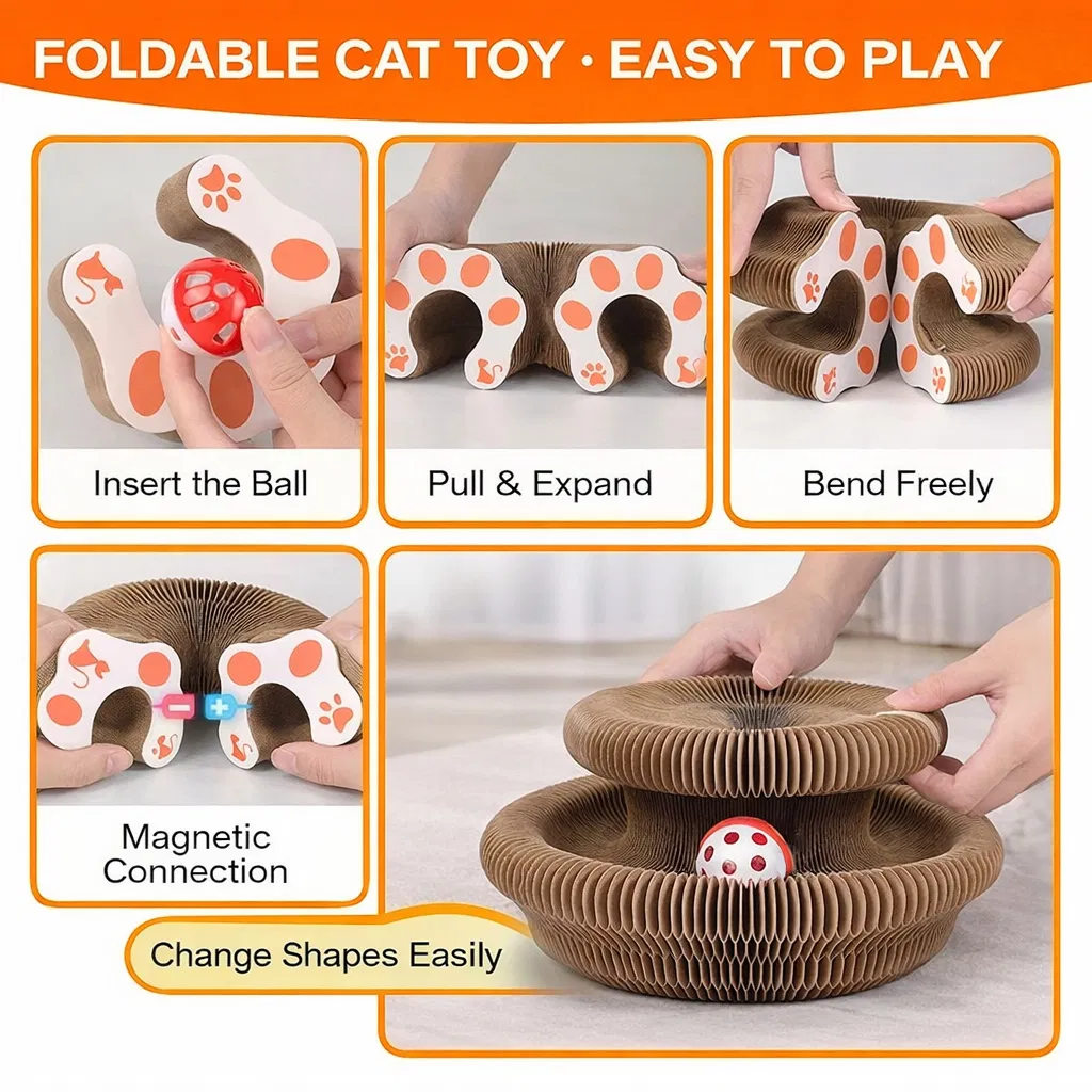 Kitty Curls Cat Toy - Foldable Accordion Cat Scratcher withBall - Magic Organ Cat Scratch Board for Interactive Play -Calming Features photo 6