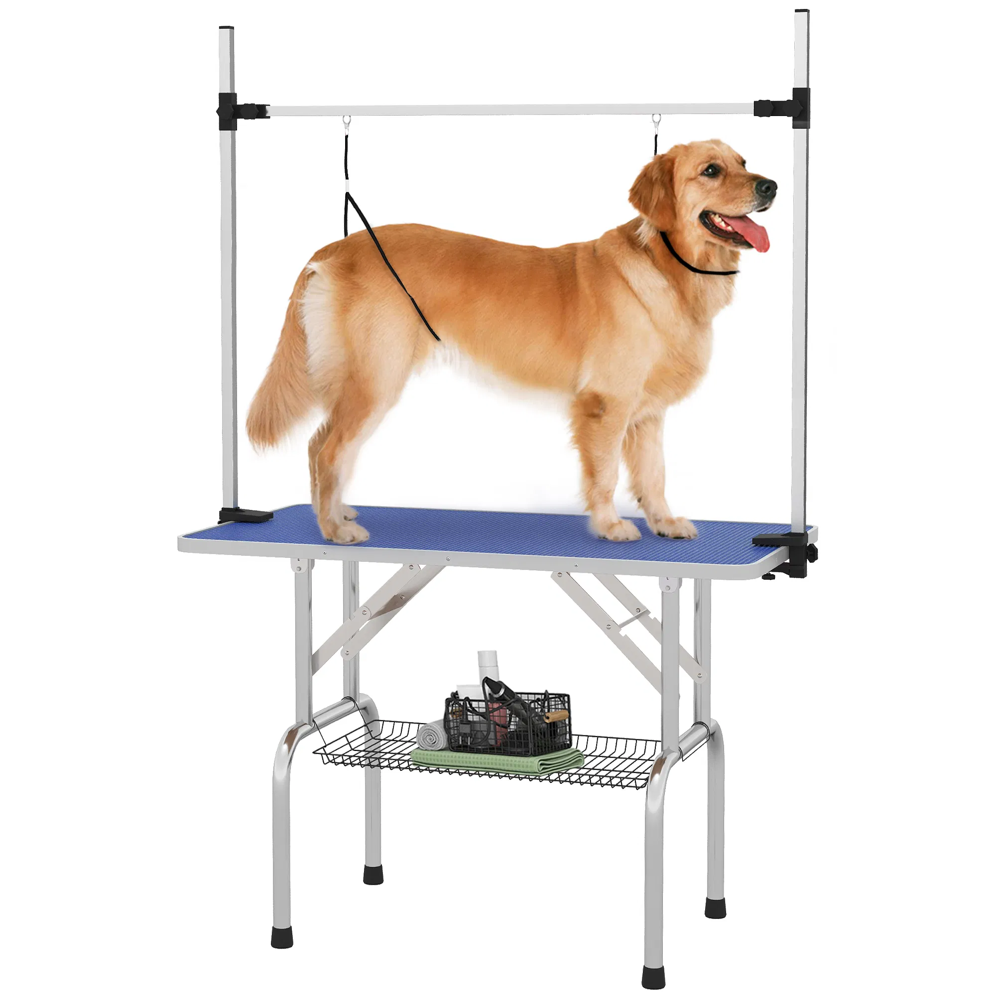 Adjustable Dog Grooming Table with 2 Safety Slings, Storage Basket, Blue photo 1