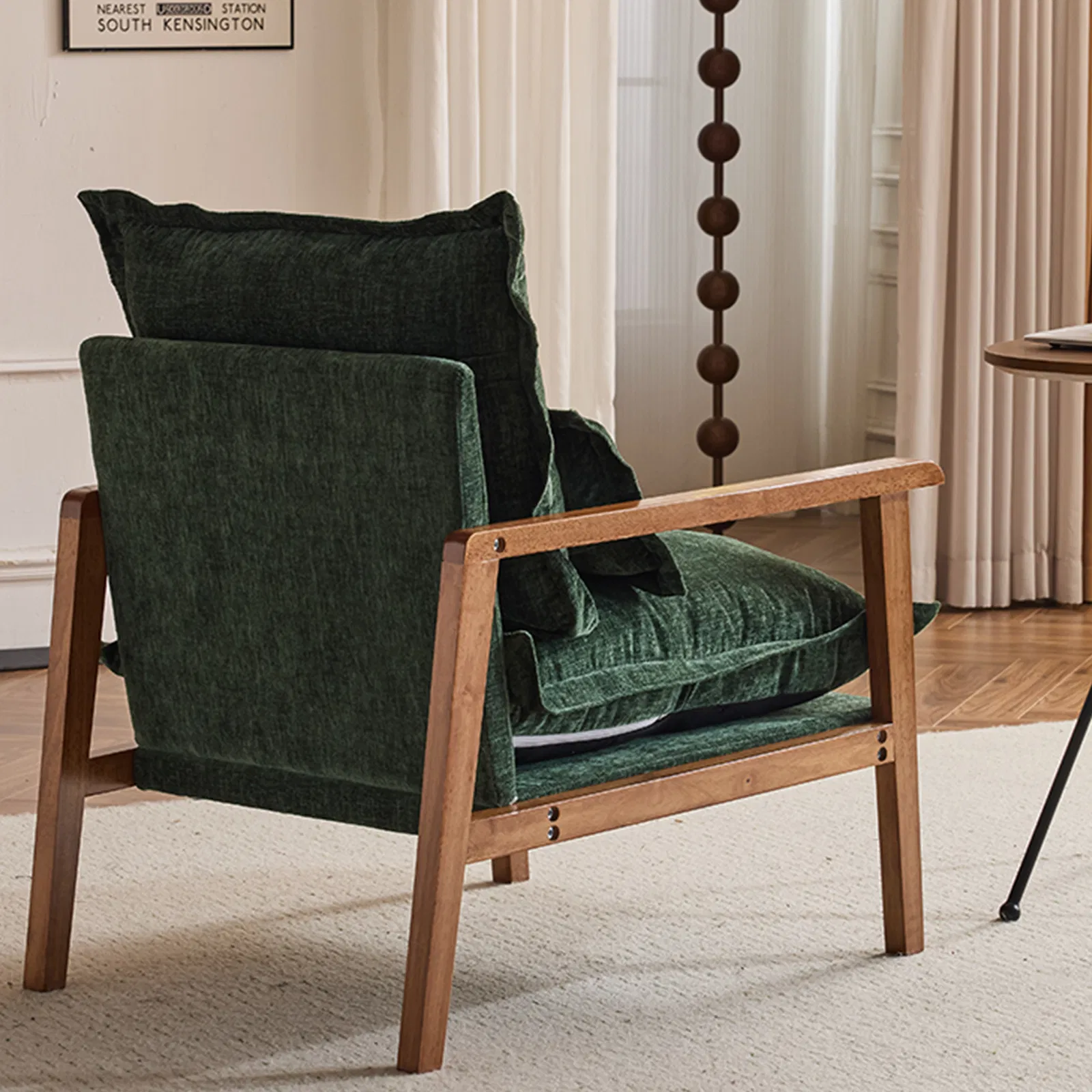 Cloud Shaped Indoor Leisure Chair with Solid Wood Armrest & Solid Wood Frame, Chenille Fabric Accent Chair with Lumbar Pillow, Single Sofa Chair Dark Green photo 2