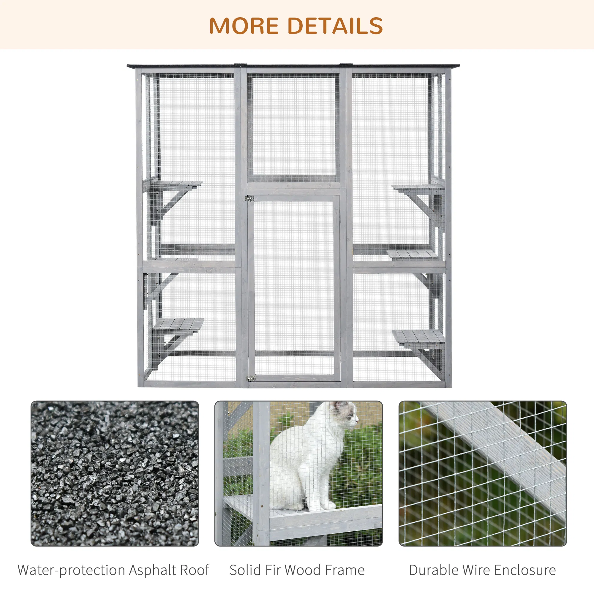Large Outdoor Catio Enclosure, Weatherproof Cat House with Asphalt Roof, Wooden Cat Patio Cage with 6 Balanced Platforms, 71" x 39" x 71", Grey photo 3
