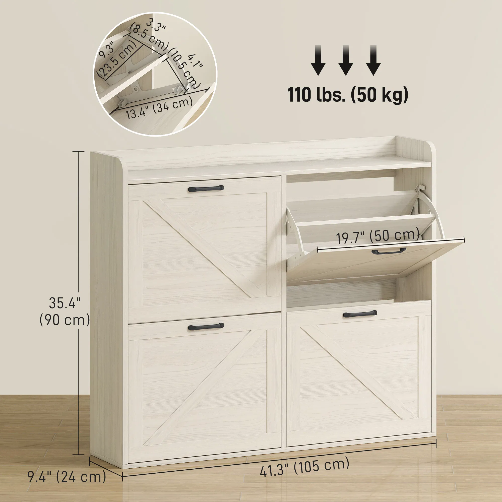 Narrow Shoe Storage Cabinet with 4 Flip Drawers, Adjustable Shelves, 16 Pair Farmhouse Shoe Cabinet, White Oak photo 5