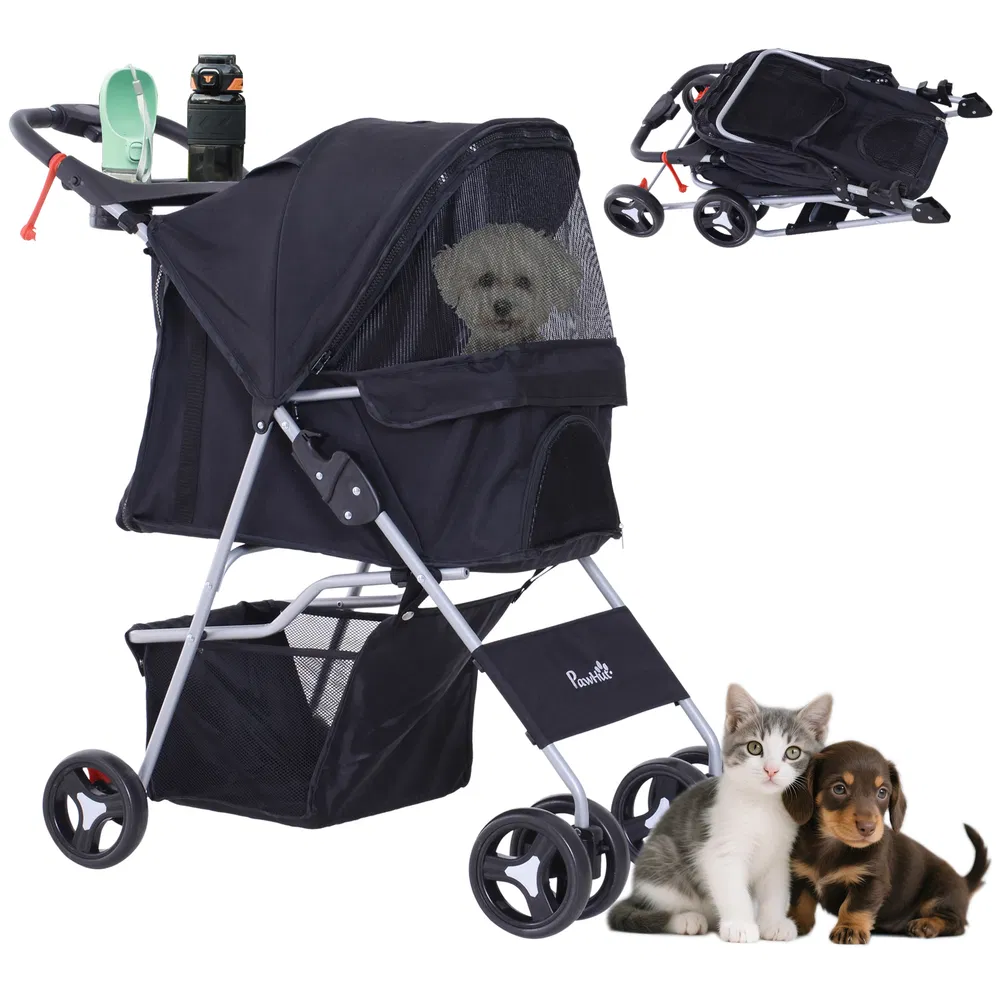 Dog Stroller, One-click Folding Pet Stroller with Cup Holder, 4 Wheels Travel Carrier w/ Brakes, 360° Swiveling Front Wheels, Storage Basket, for XS/Small Dogs Cats, Black photo 7