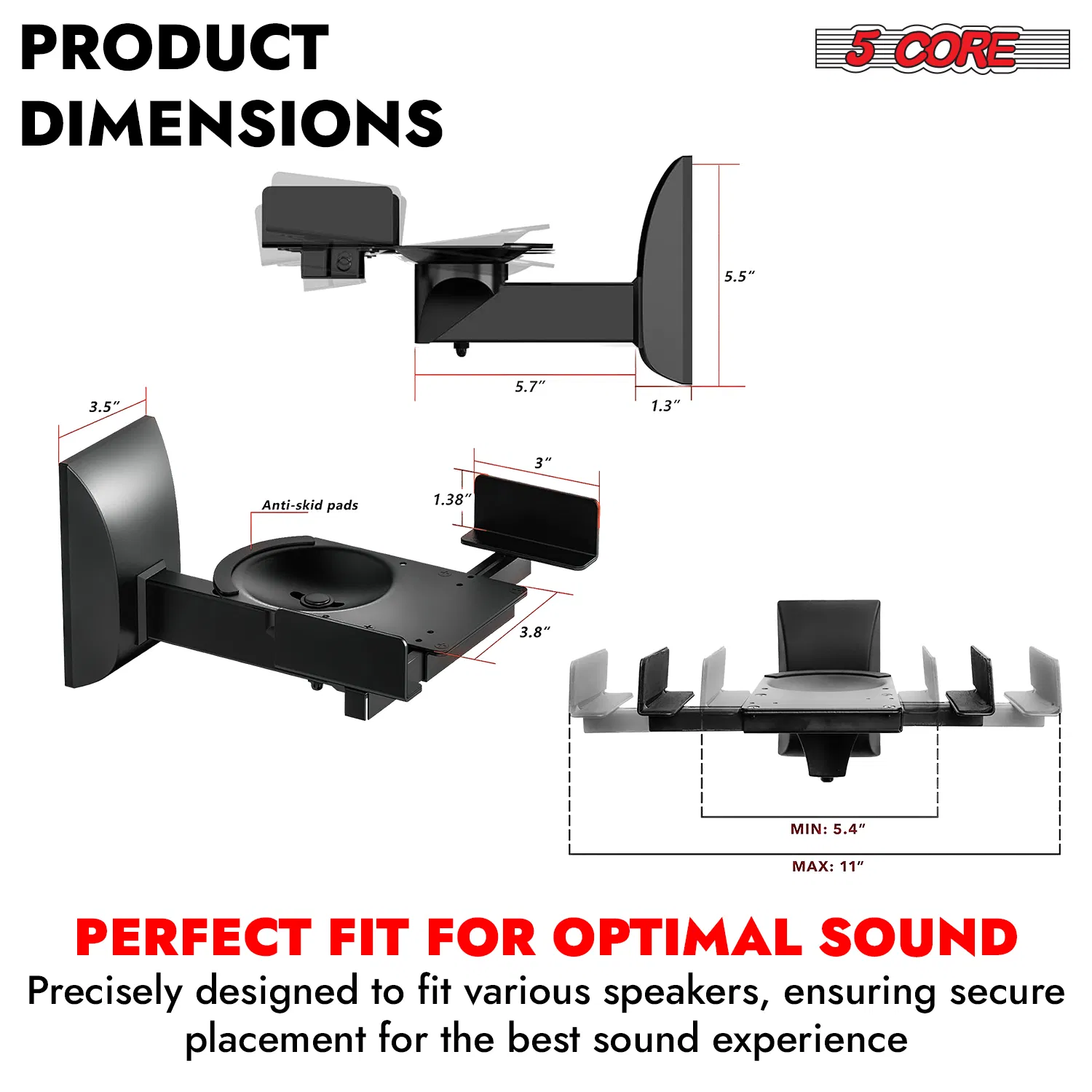 5 CORE Speaker Wall Ceiling Mount Stand 2Pcs Black Sturdy Speaker Mounting Bracket w Adjustable Swivel Tilt Retractable Telescopic Arm for Surround Sound Satellite Speakers photo 8