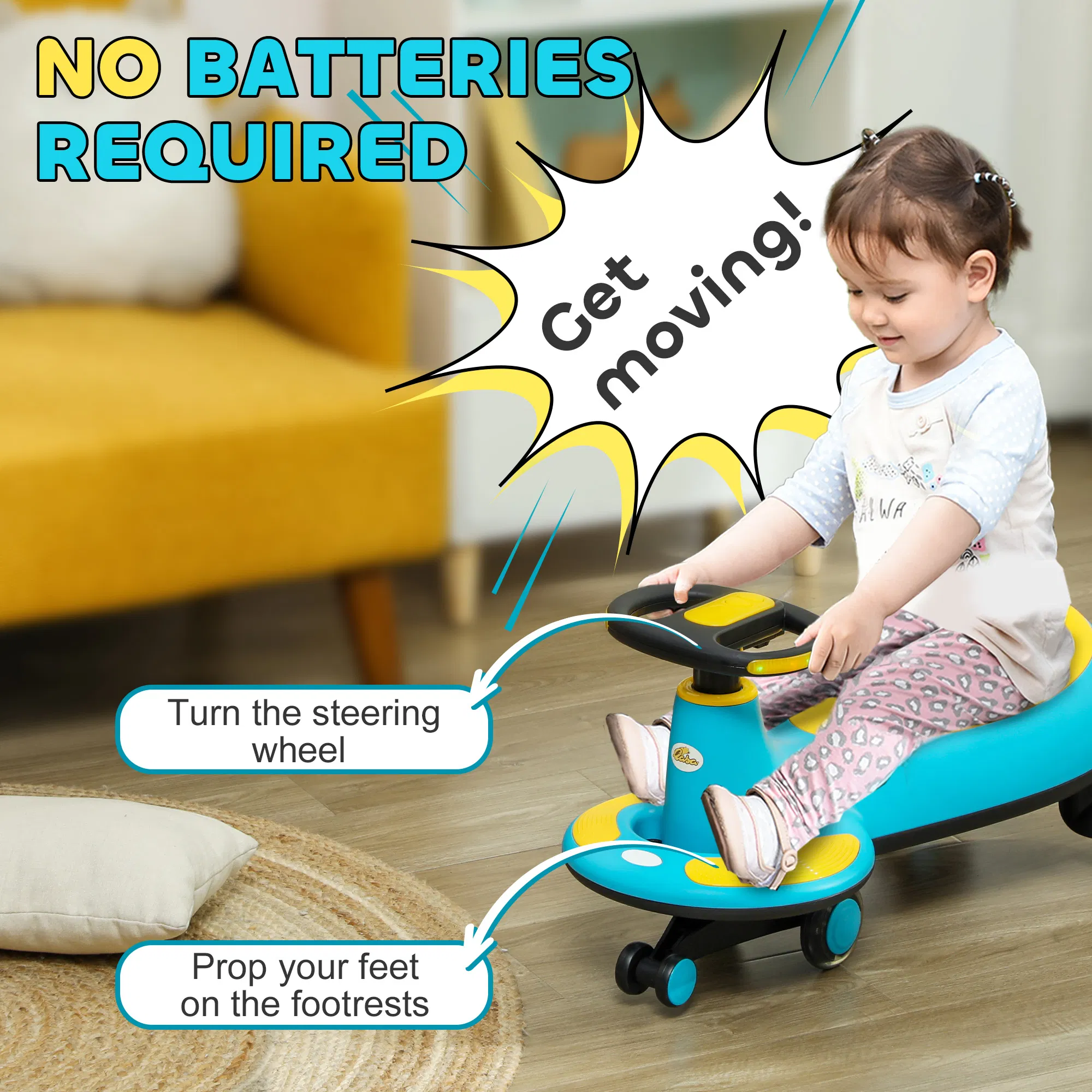 Kids Wiggle Car w/ Parent Traction Rope, Music, Light, Blue photo 5