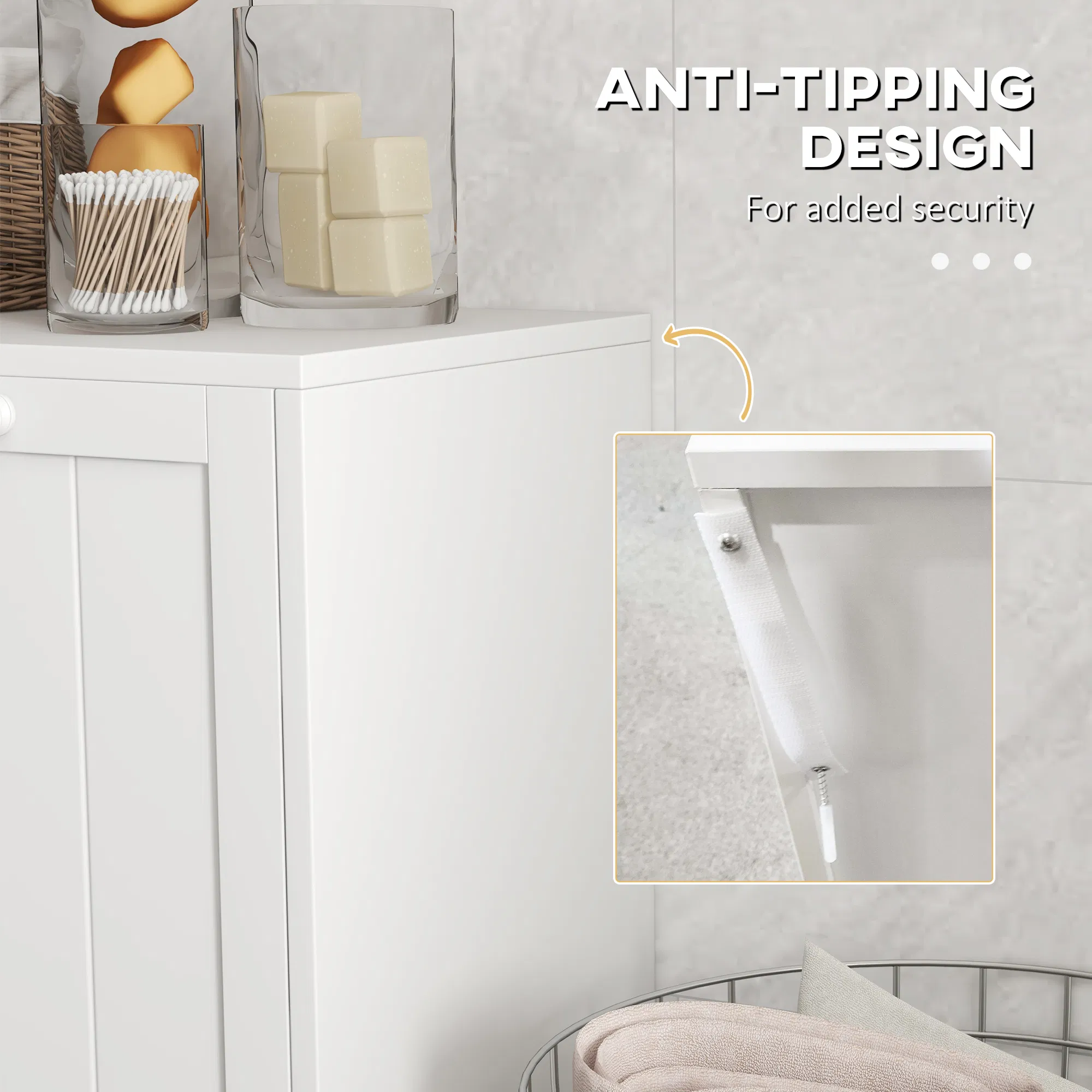 Tilt-Out Laundry Storage Cabinet, Modern Laundry Hamper with 2 Compartments for Bathroom Washroom, White photo 3