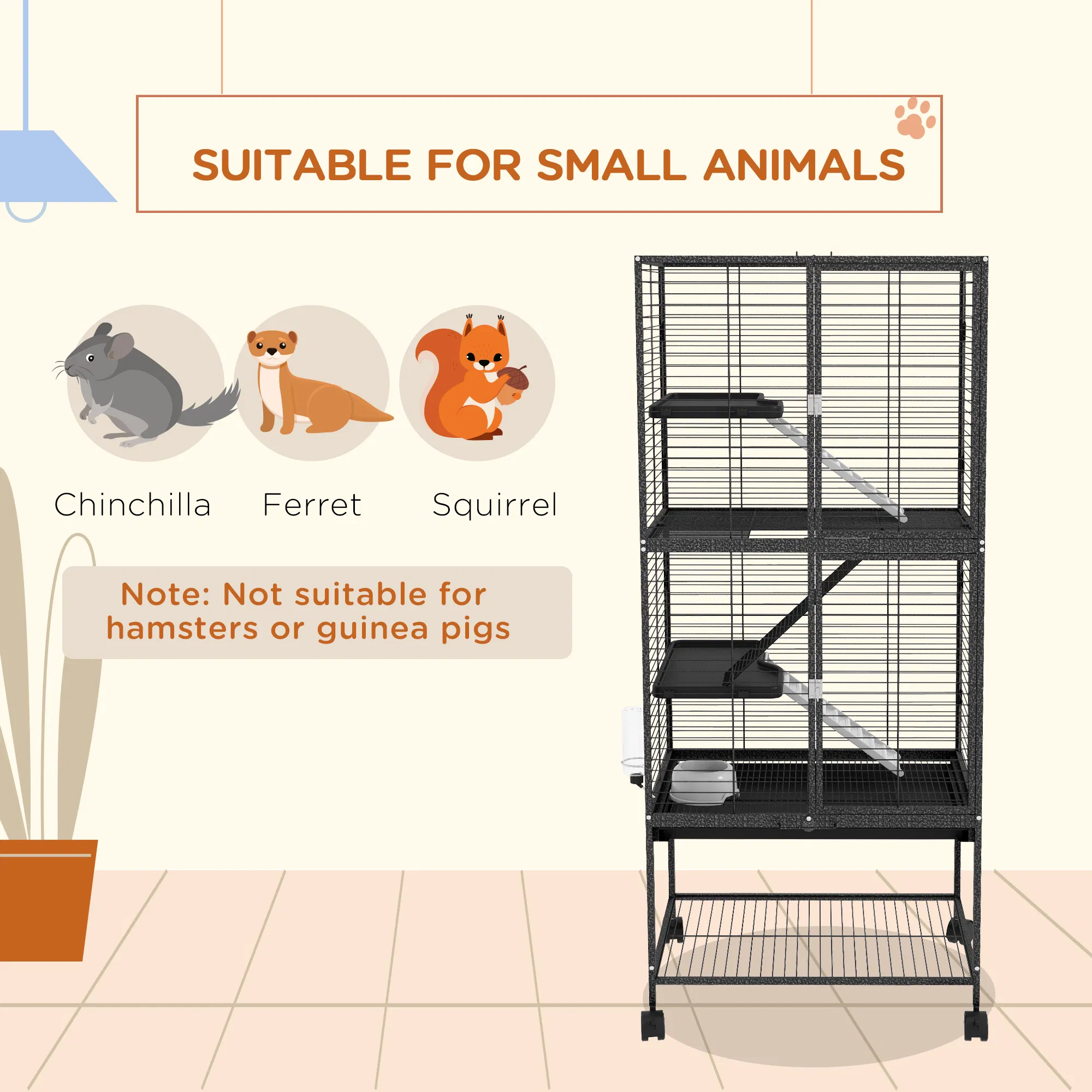 Rolling Small Animal Cage 53.5"H Chinchilla Cage for Ferrets, Squirrels w/ Removable Tray, Storage Shelf, Dark Grey photo 5