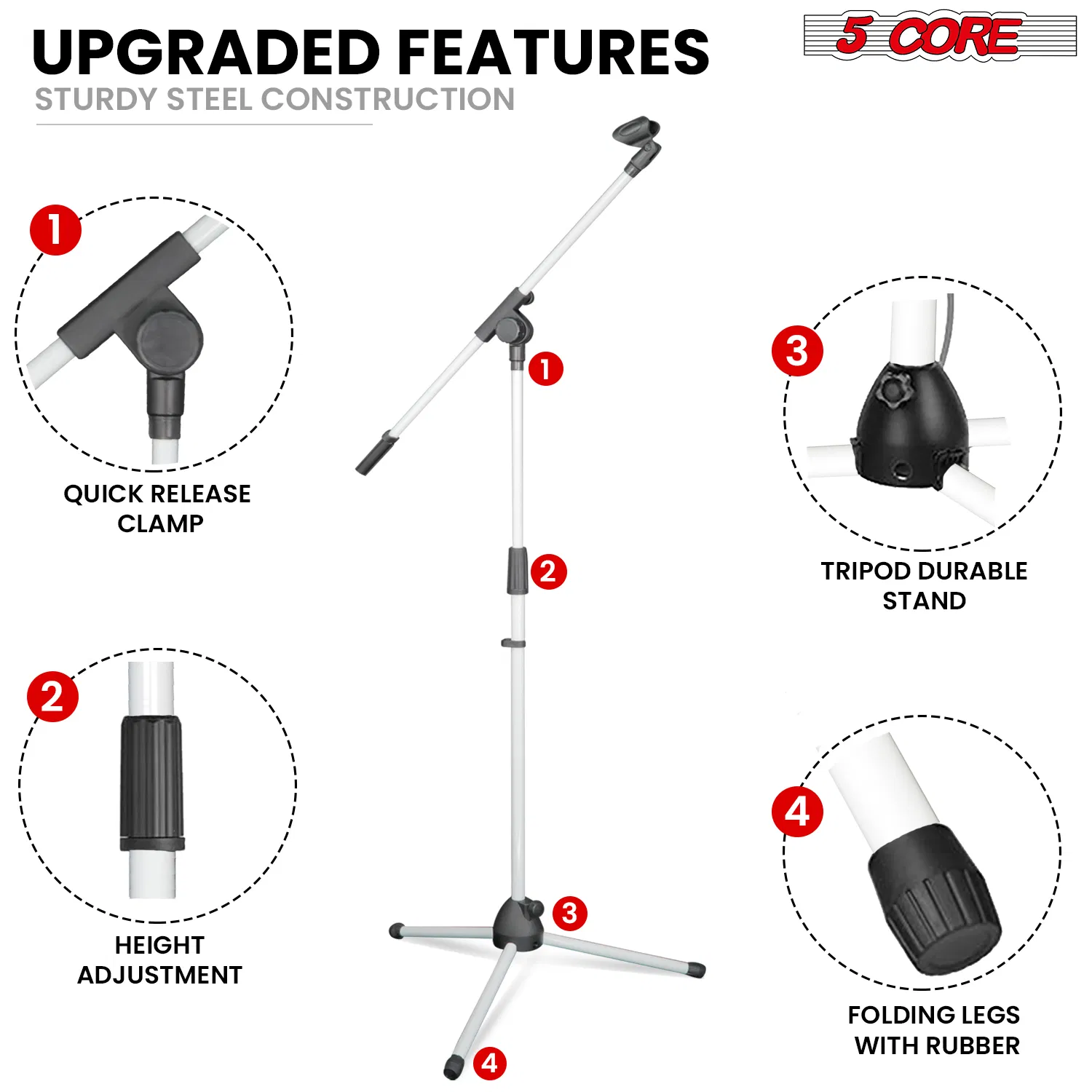 5 Core Tripod Mic Stand Floor 4Pcs Adjustable 18 to 72 Inches Sturdy Boom Arm Holder Microphone Stands Pedestal Para Microfono for Singing photo 8