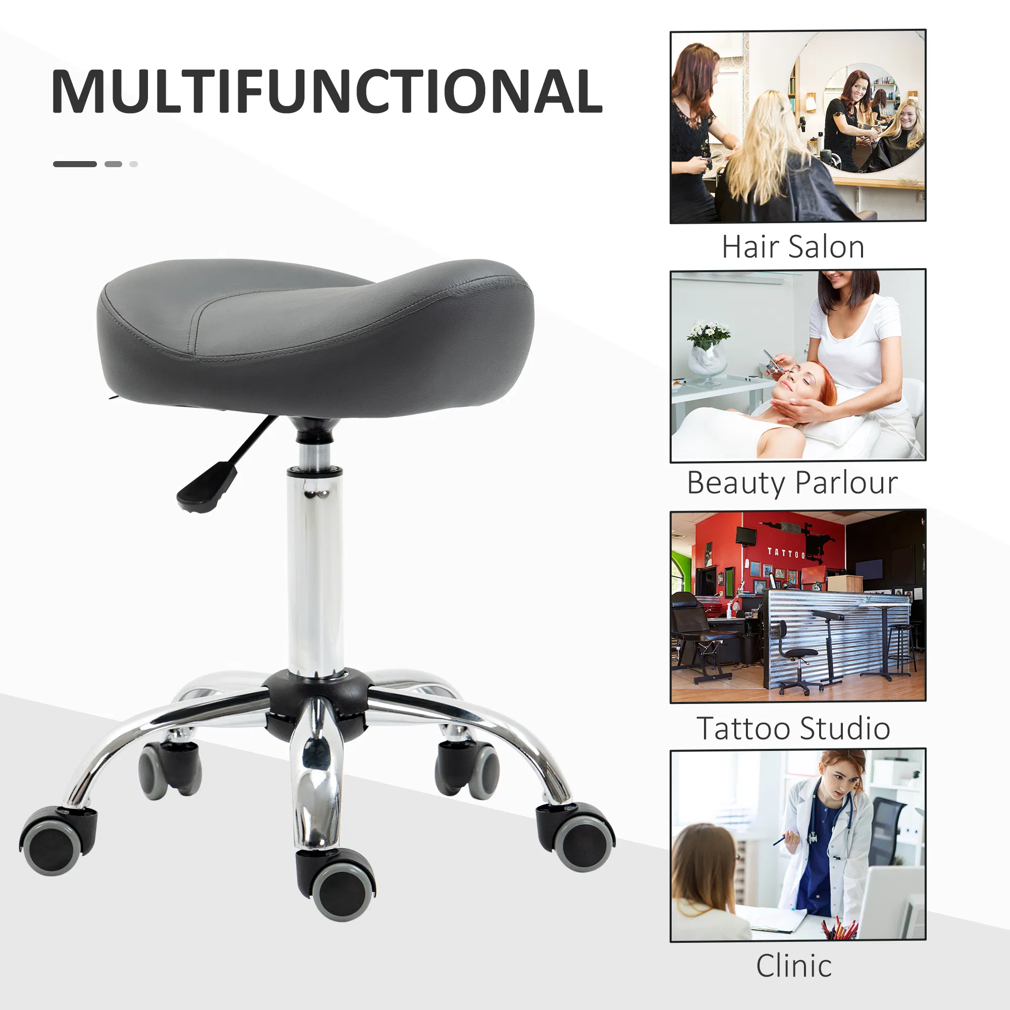 Saddle Stool, Height Adjustable Rolling Salon Chair with PU Leather for Massage, Spa, Clinic, Beauty and Tattoo, Grey photo 6