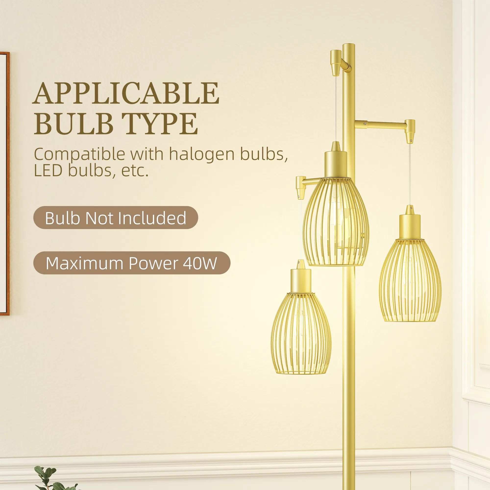 Industrial Floor Lamp with 3 Hanging Wire Lampshades, Dimmable Standing Lamp for Living Room, Gold photo 3