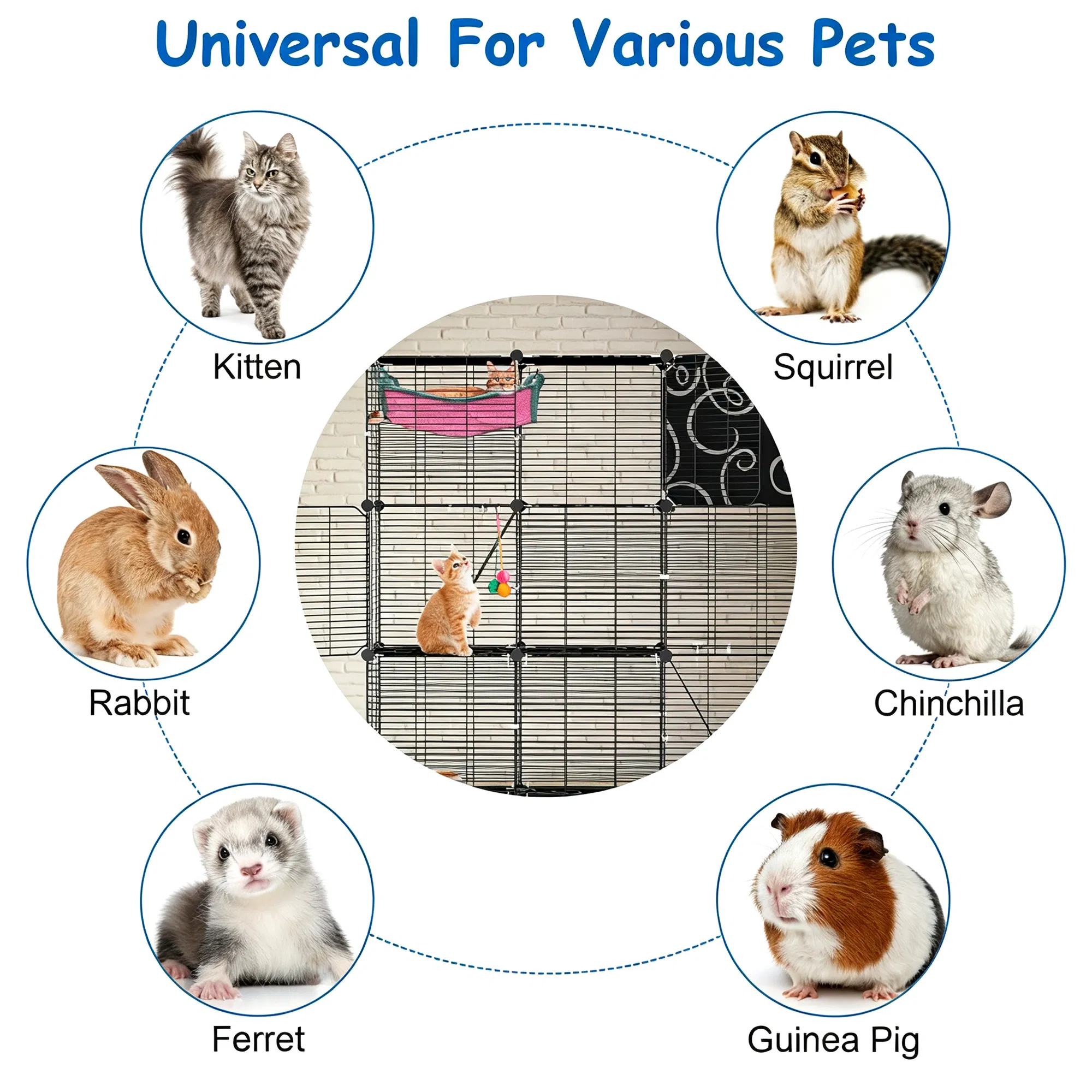 3-Level Metal Cat Cage Enclosure, Modular Pet Habitat with 3 Doors, 2 Ladders, Plush Hammock and Toy Ball for Small Indoor Animals photo 2