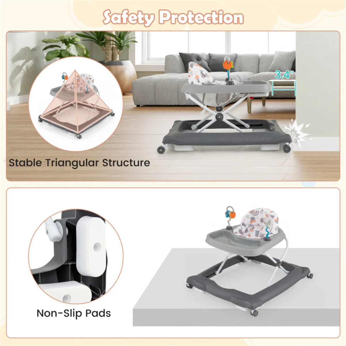 Grey Foldable Baby Walker with Detachable Tray & Shape Sorter Toys, 3-Level Height Adjustable for 6-12 Months photo 7