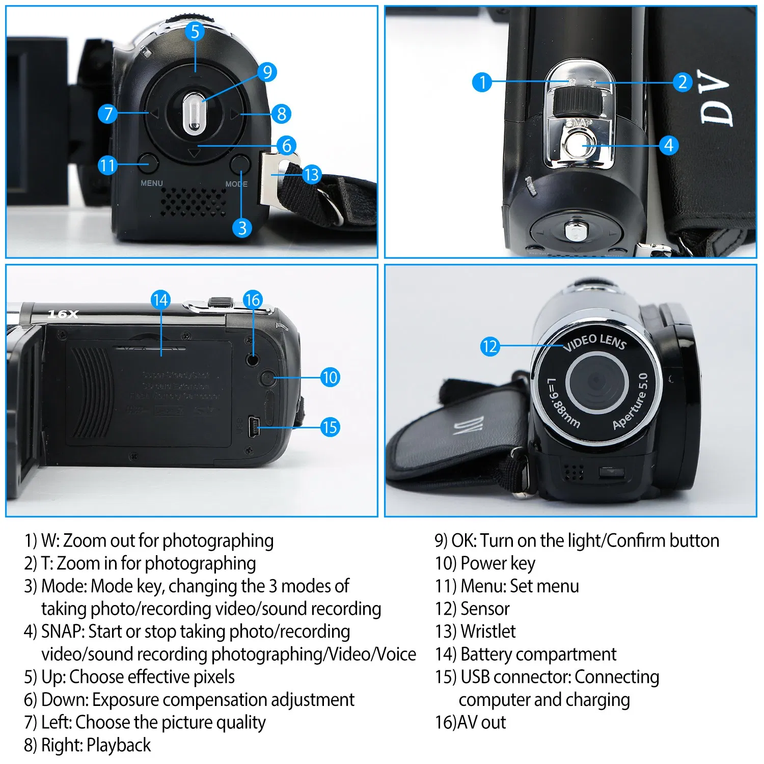 HD 1080P Digital Video Camcorder 2.7in 16X Zoom DV Camera 270° Rotation Rechargeable Kid Camera w/Fill Light Selfie photo 5