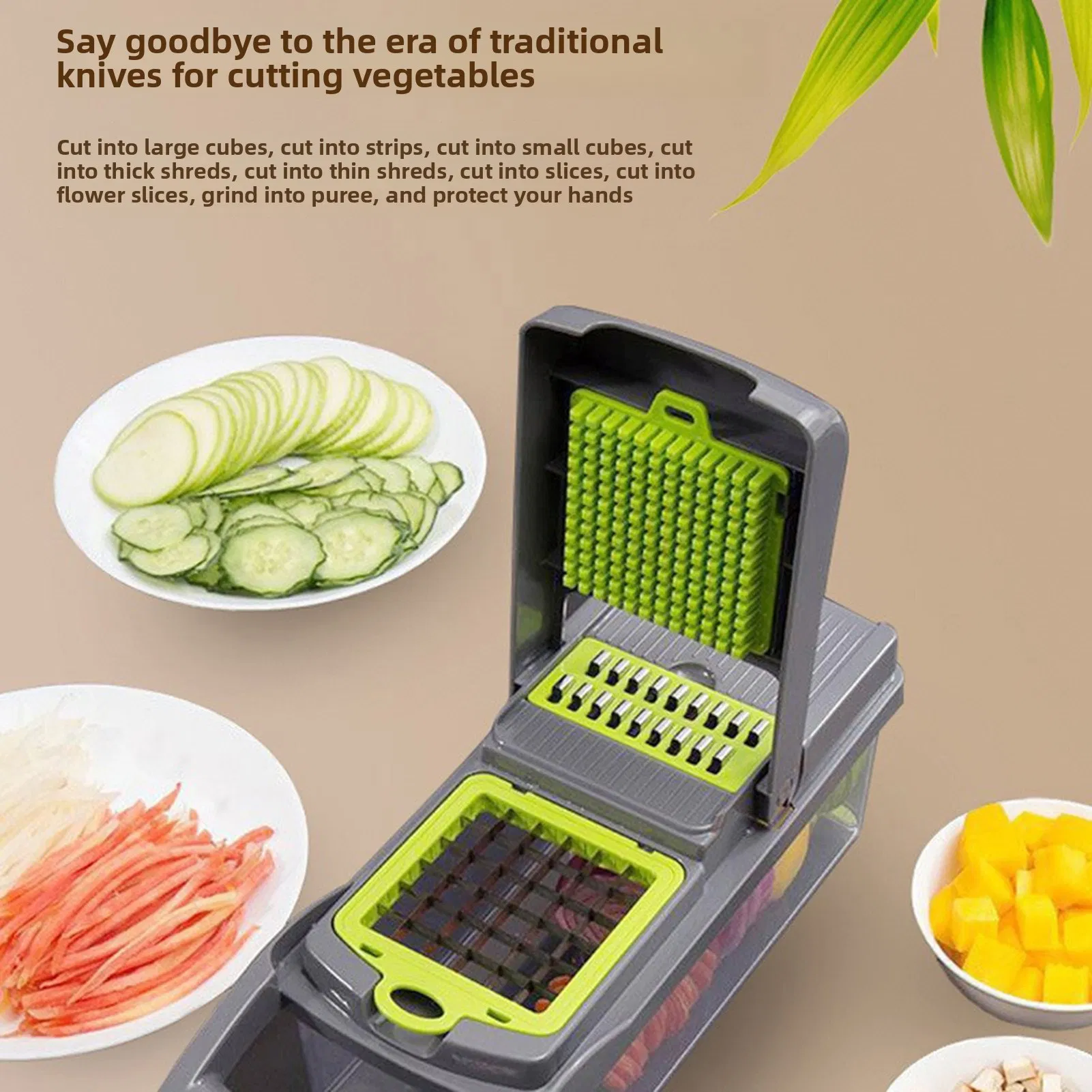 Vegetable Chopper Dicer with Container | Cheese Grater Mandoline Slicer Cabbage Shredder French Fry Cutter Stainless Steel for Veggie Onion Potato Fruit Food, Manual Hand Cooking Gadget for Kitchen photo 5
