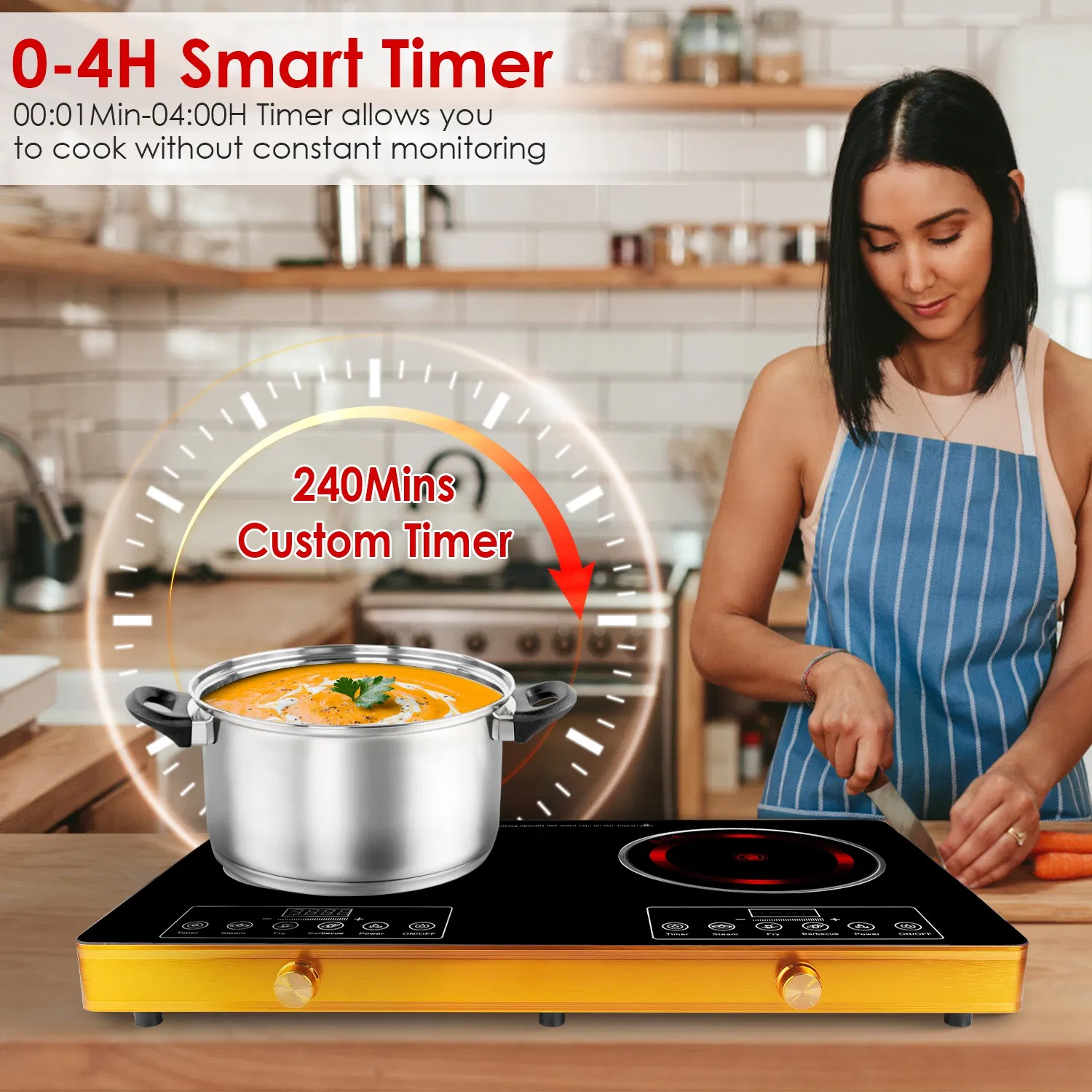 Portable Electric Double Burner 7000W, 110V Countertop Hot Plates with Smooth Heat-Resistant Glass Surface (Easy to Clean), 4 Preset Cooking Modes, 0-4H Timer for Camper/Studio/Office photo 7