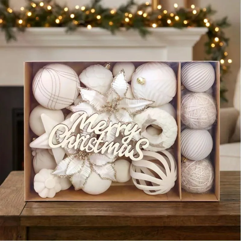 38Pcs Velvet Christmas Tree Ornaments Set, Flocked Plush Christmas Balls, Poinsettia Flower, Star, Bow, Merry Christmas Wooden Sign, Xmas Hanging Decorations for Home Holiday Party photo 3