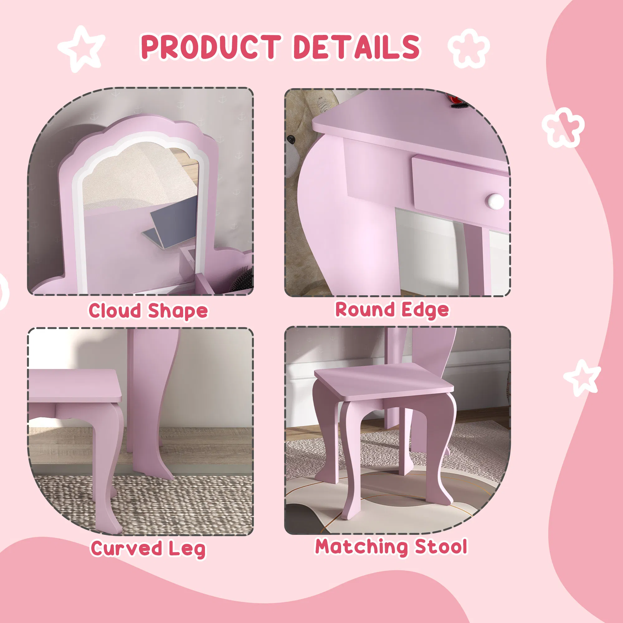 Makeup Vanity with Mirror and Stool, Cloud Design, Drawer, Storage Boxes, for 3-6 Years Old, Pink photo 5
