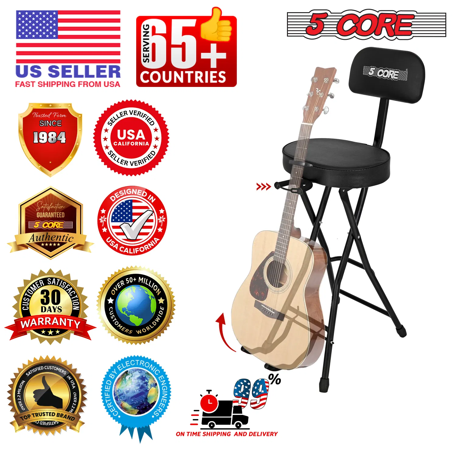 5Core Guitar Stool 3.15" Padded Chair w Backrest Foldable Music Seat Built in Foot Rest Guitar Stand photo 8