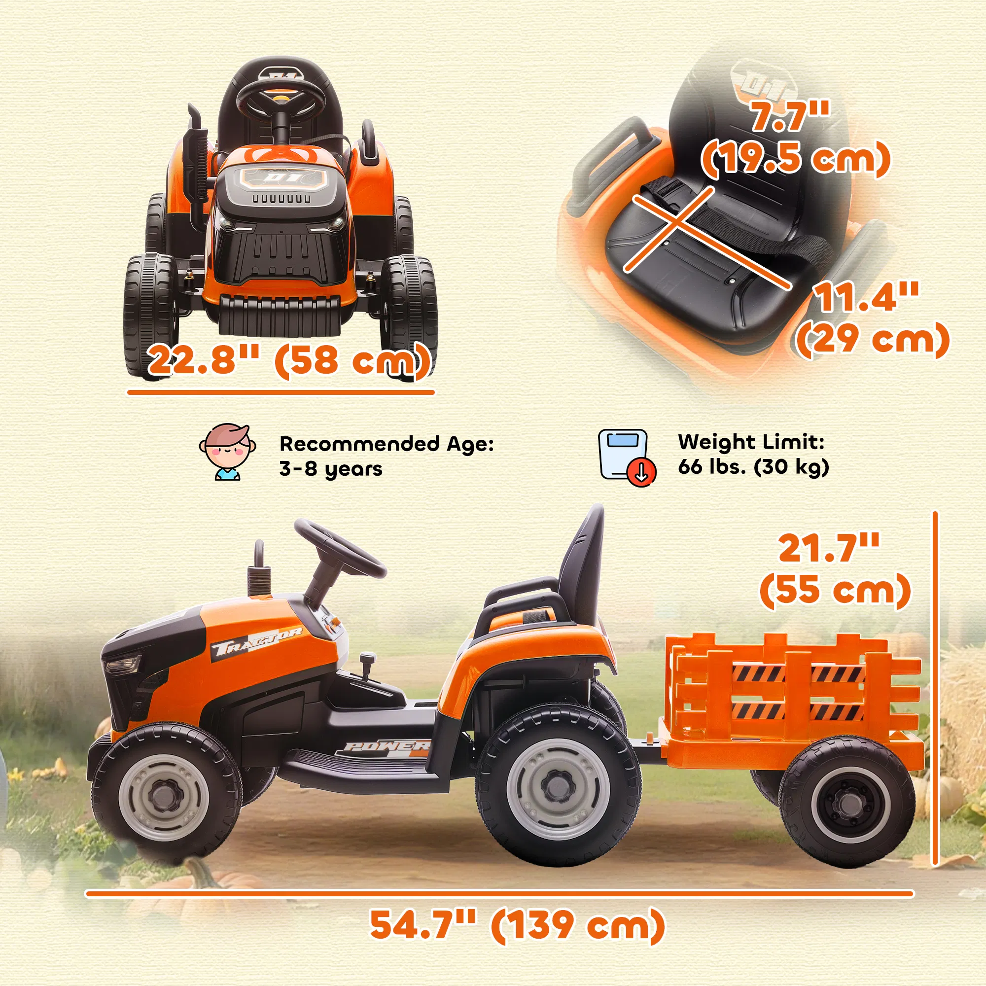 12V Kids Ride On Tractor with Trailor, Remote Control, Music, Lights, Shifter, for Kids Ages 3-8 Years, Orange photo 2