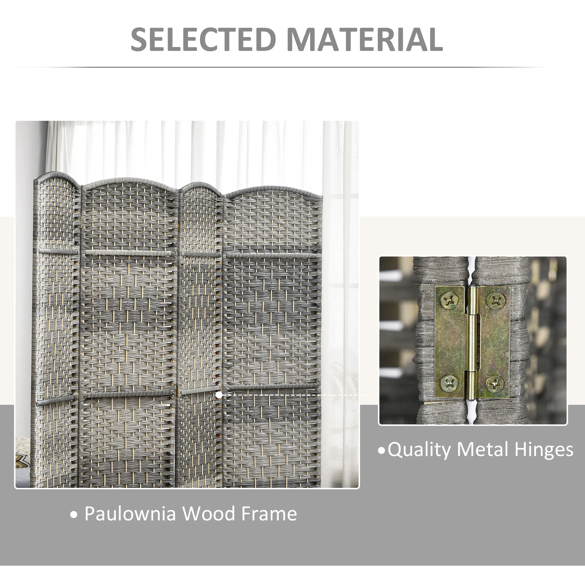 6 Ft Tall Folding Room Divider, 4 Panel Portable Privacy Screen, Hand-Woven Partition Wall Divider, Mixed Grey photo 3