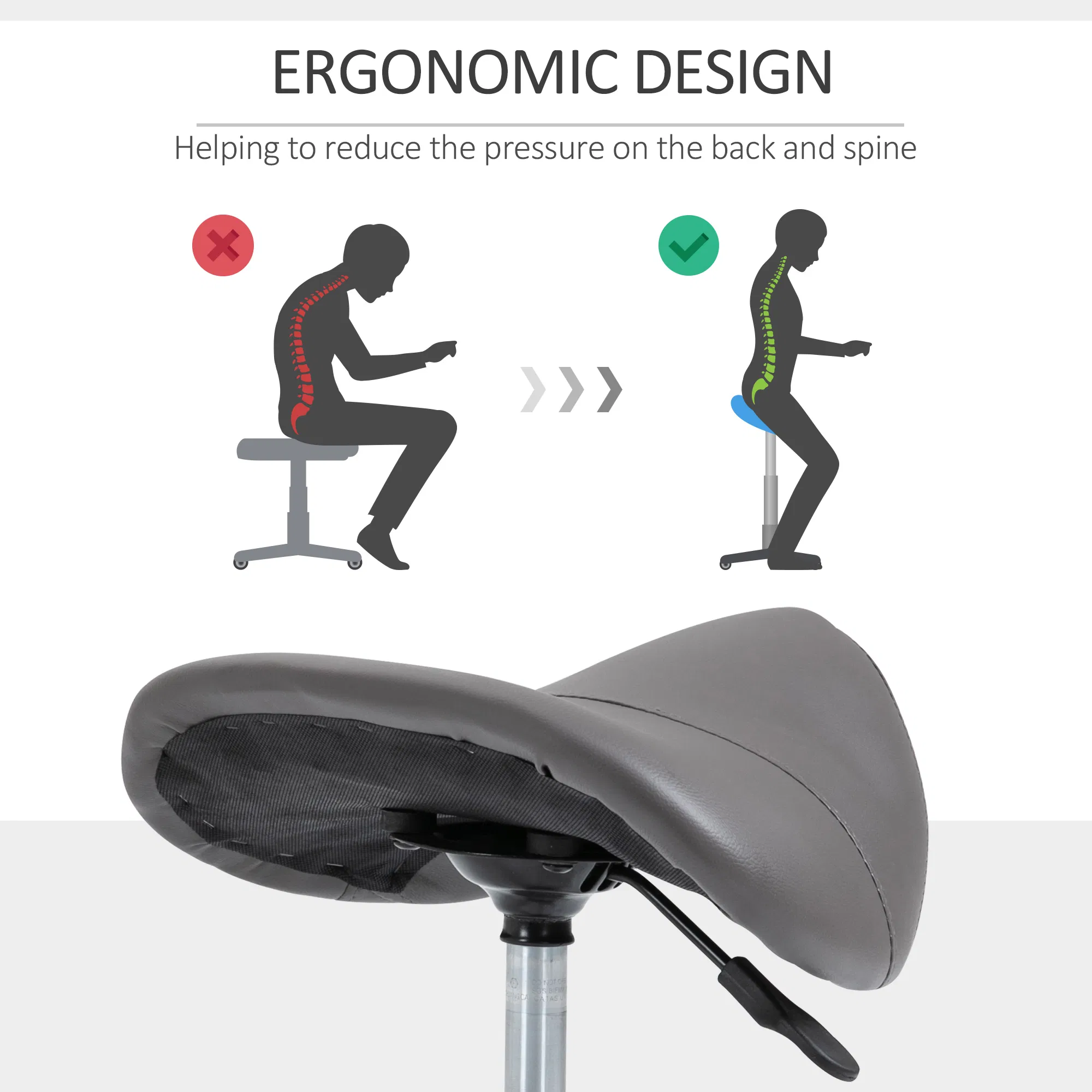 Saddle Stool Adjustable Hydraulic Rolling Beauty Salon Stool Ergonomic PU Leather Stool Round Grey photo 4