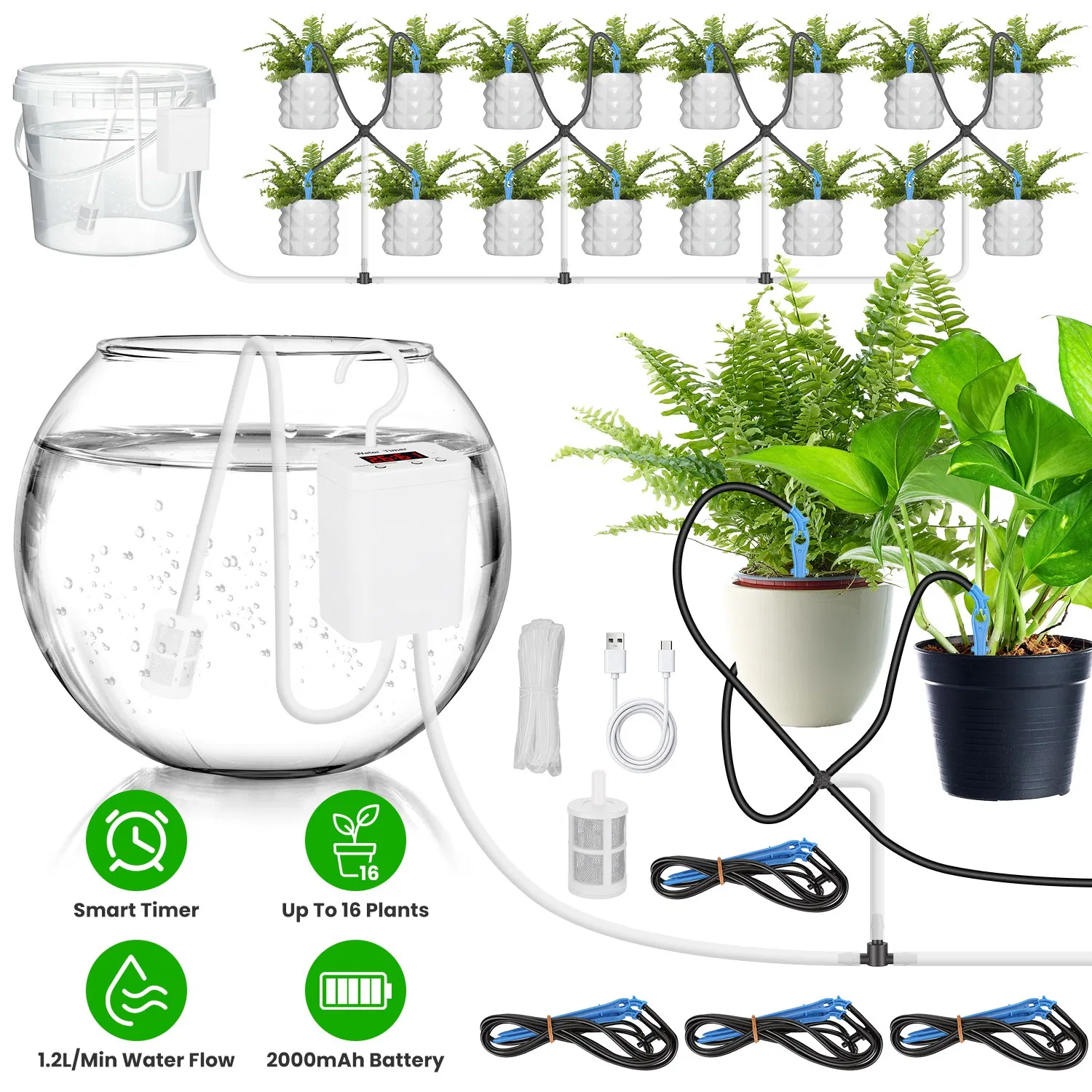 Programmable Automatic Drip Irrigation System for Potted Plants, 0-600s Watering Time 1-12H/0-9Day Interval Type-C Rechargeable Cordless Plant Waterer with LCD Display photo 5