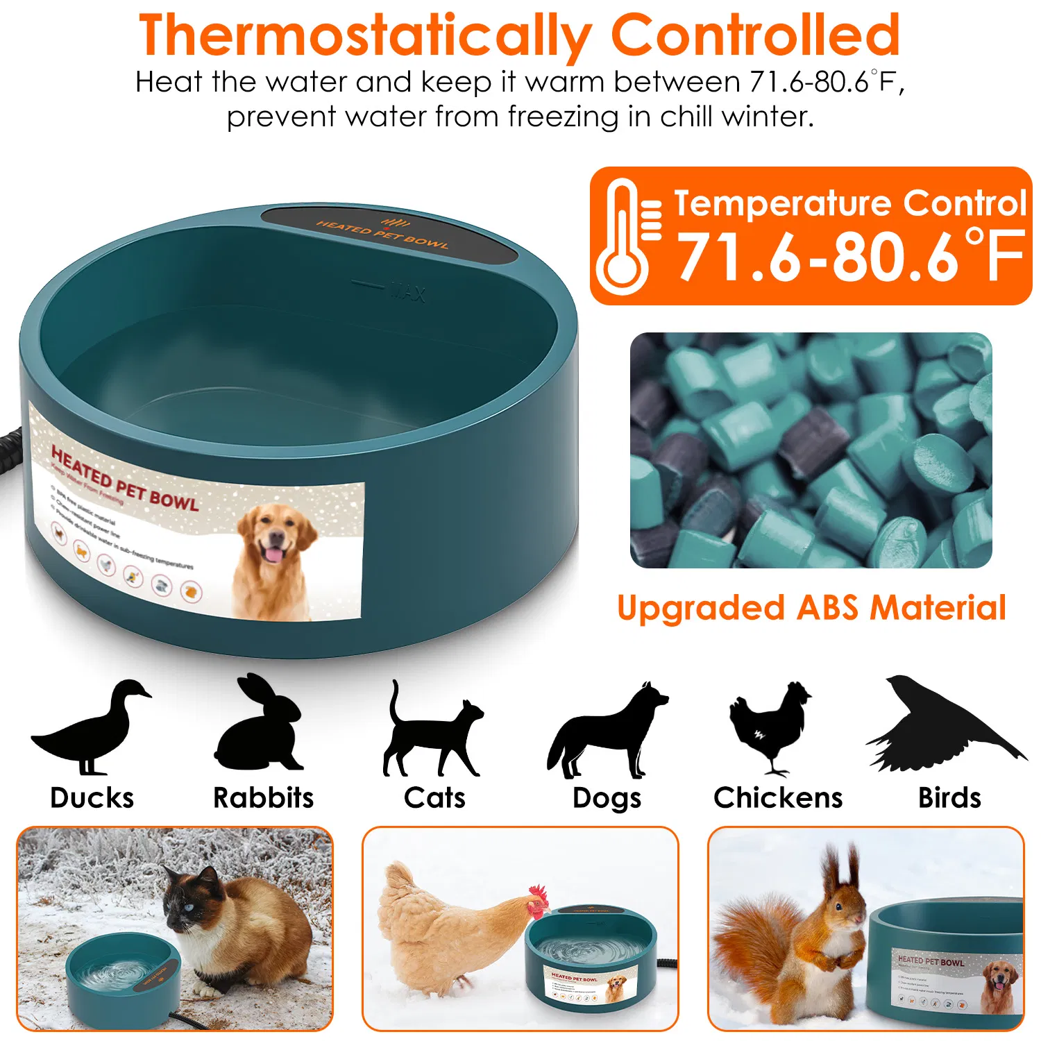 Heated Water Bowl for Dog Cat 74.4OZ Heating Water Dish IP67 Waterproof Thermal Water Bowl Heated Pet Bowl Dog Cat Water Feeder Bowl for Dog Cat Rabbit Pet photo 2