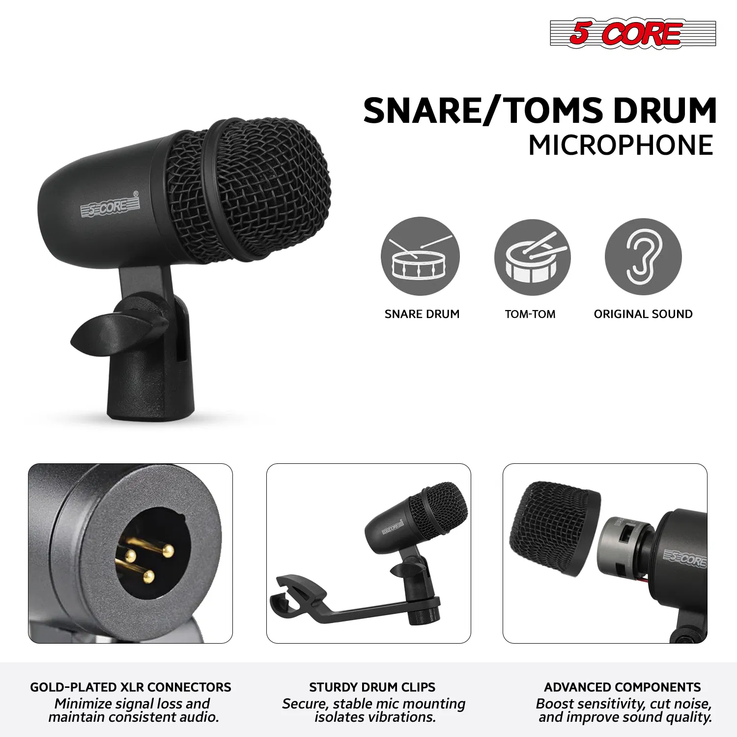 5 Core Drum Microphone Kit 9Pc All Metal Drummer Mics Tom/Snare & Cymbals Wired Instrument Drums Set photo 8
