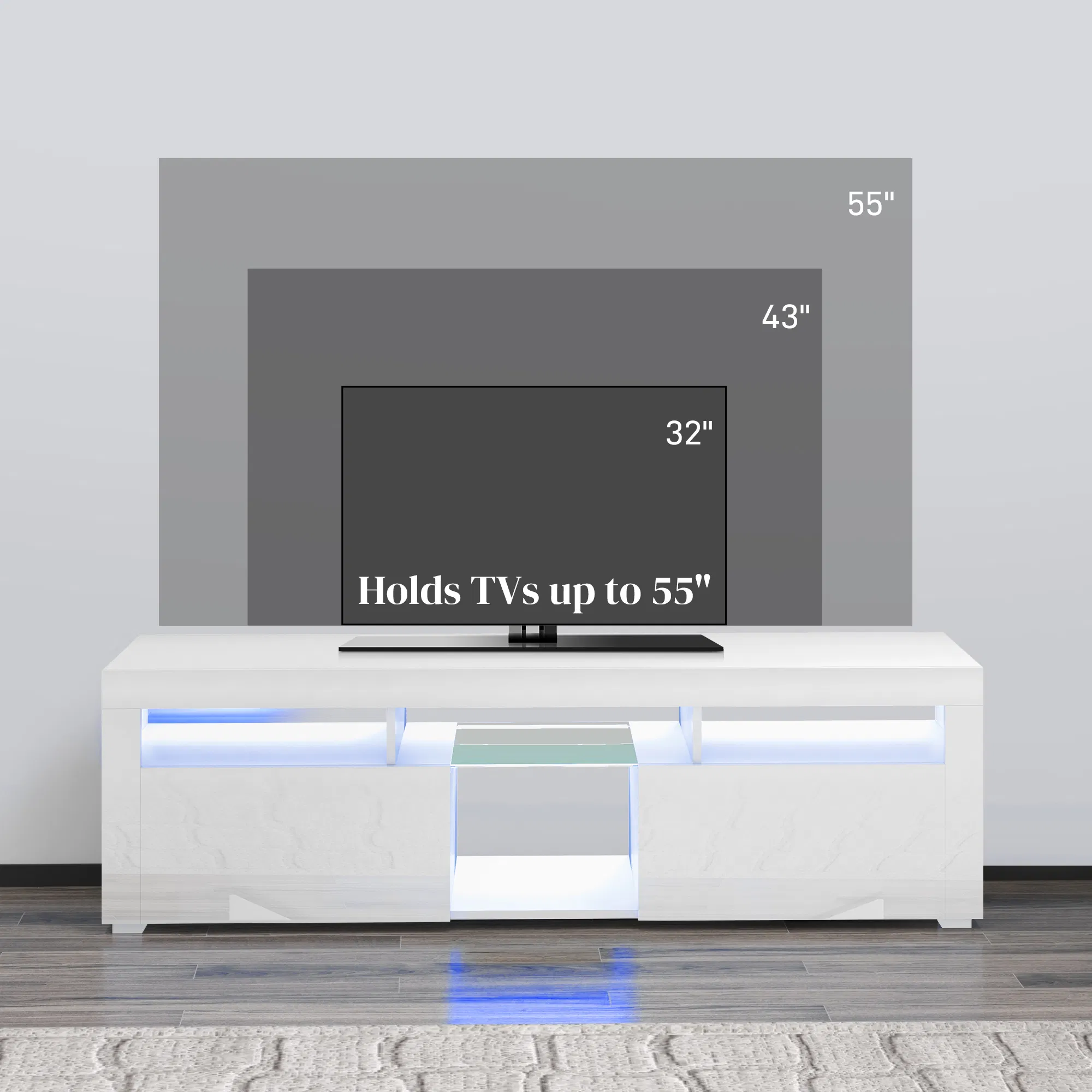 Modern TV Stand with Storage and LED Lights for TVs up to 55", TV Cabinet with Open Compartments, High Gloss White photo 2