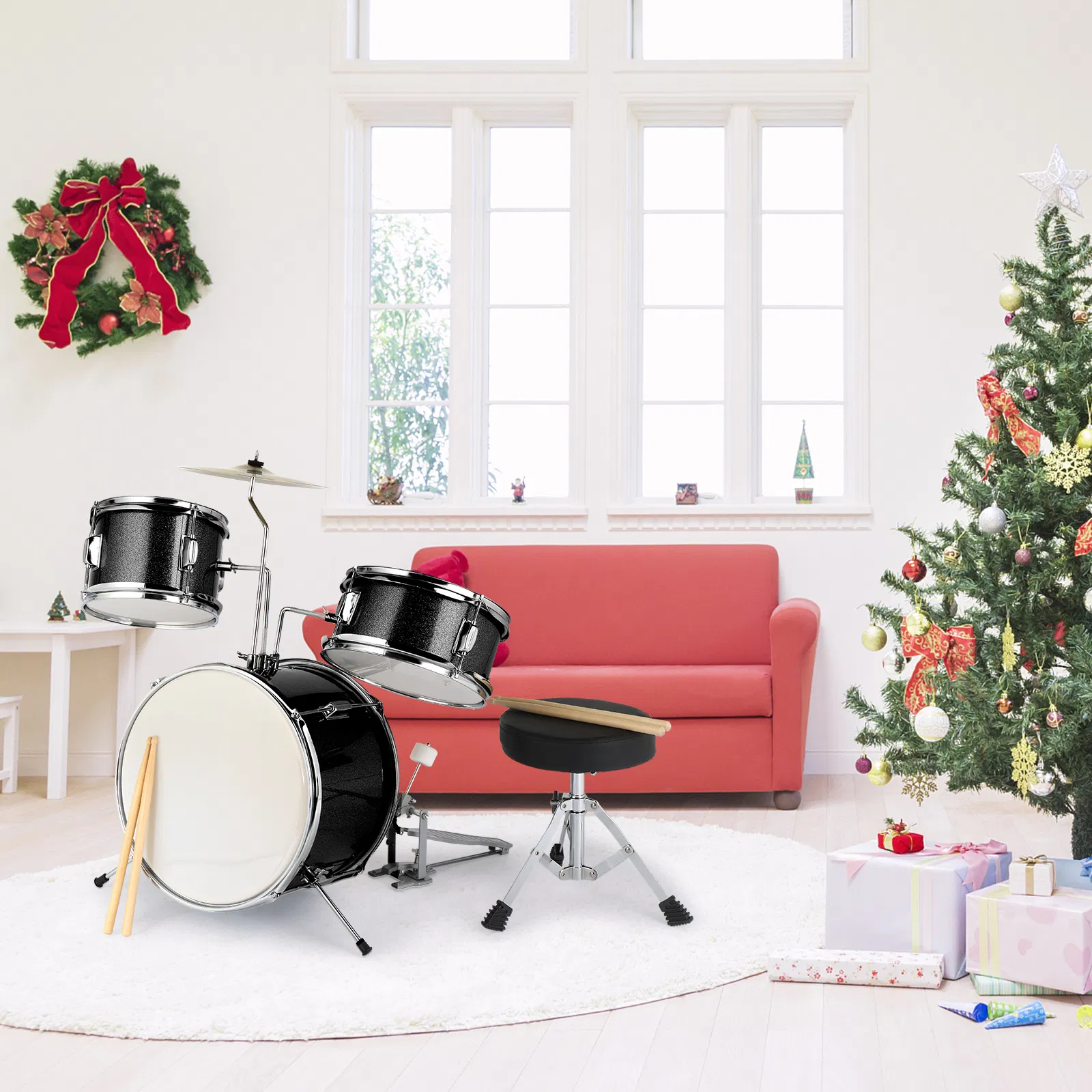 14"x10" 3-Pieces Junior Kids Drum Set Kit Pedal Drum Stick Wrench Drum Stool Black photo 4