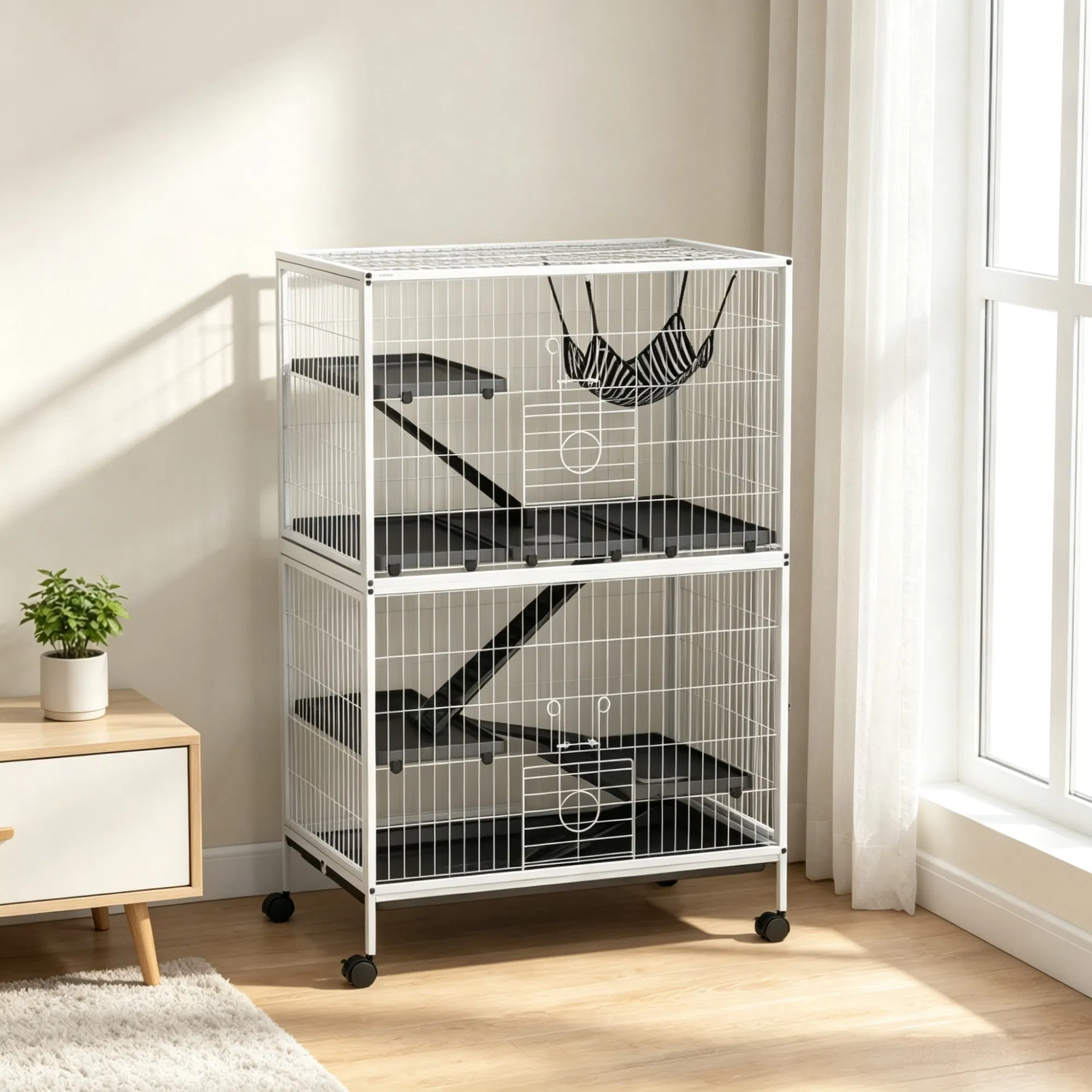 50 Inch Tall Rolling Ferret Chinchilla Cage Small Animal Pet Habitat with Hammock, 4 Doors, Removable Tray photo 3