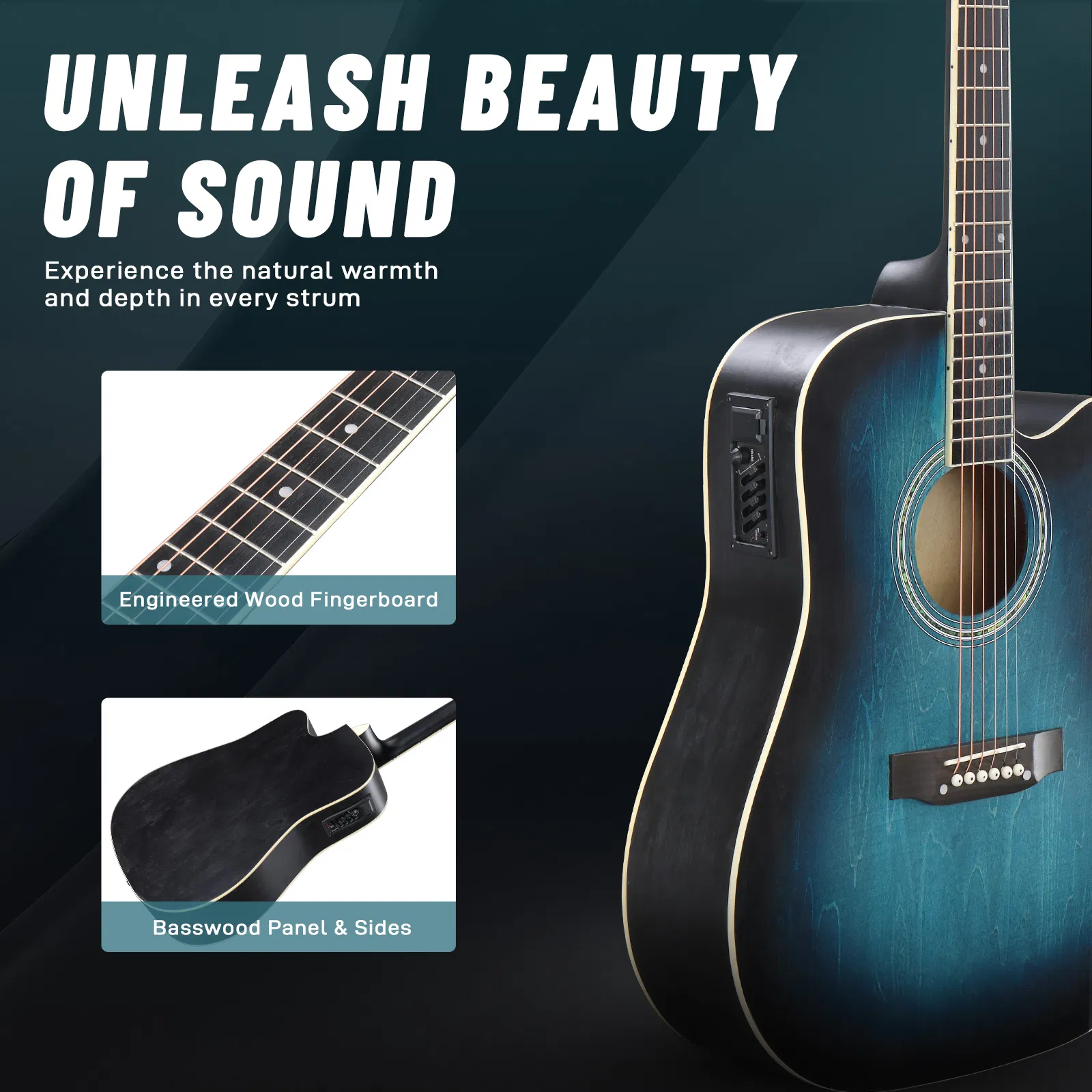 [Don't sell on Amazon]KMA101 41-inch basswood top matte binding folk guitar, equipped with 10W amplifier, gig bag, tuner and other accessories, blue rubbed photo 2
