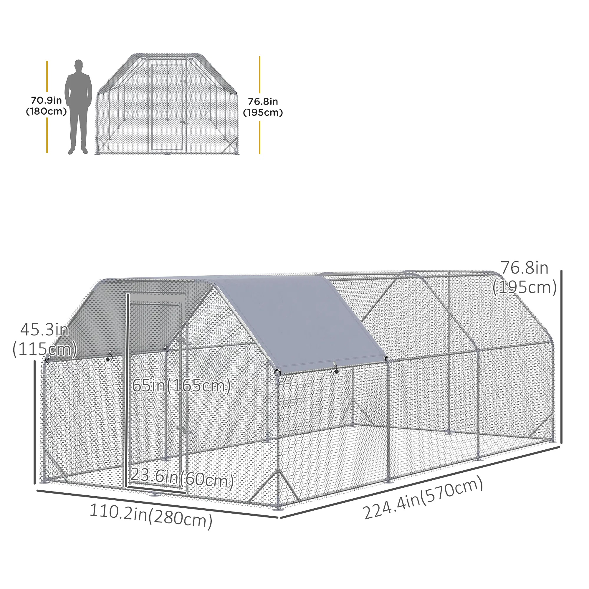 Chicken Run, Galvanized Large Metal Chicken Coop Cage, Walk-in Enclosure Poultry Hen Run House Playpen Rabbit Hutch with Flat Roof, Cover, 9.2' x 18.7' x 6.5', Silver photo 4