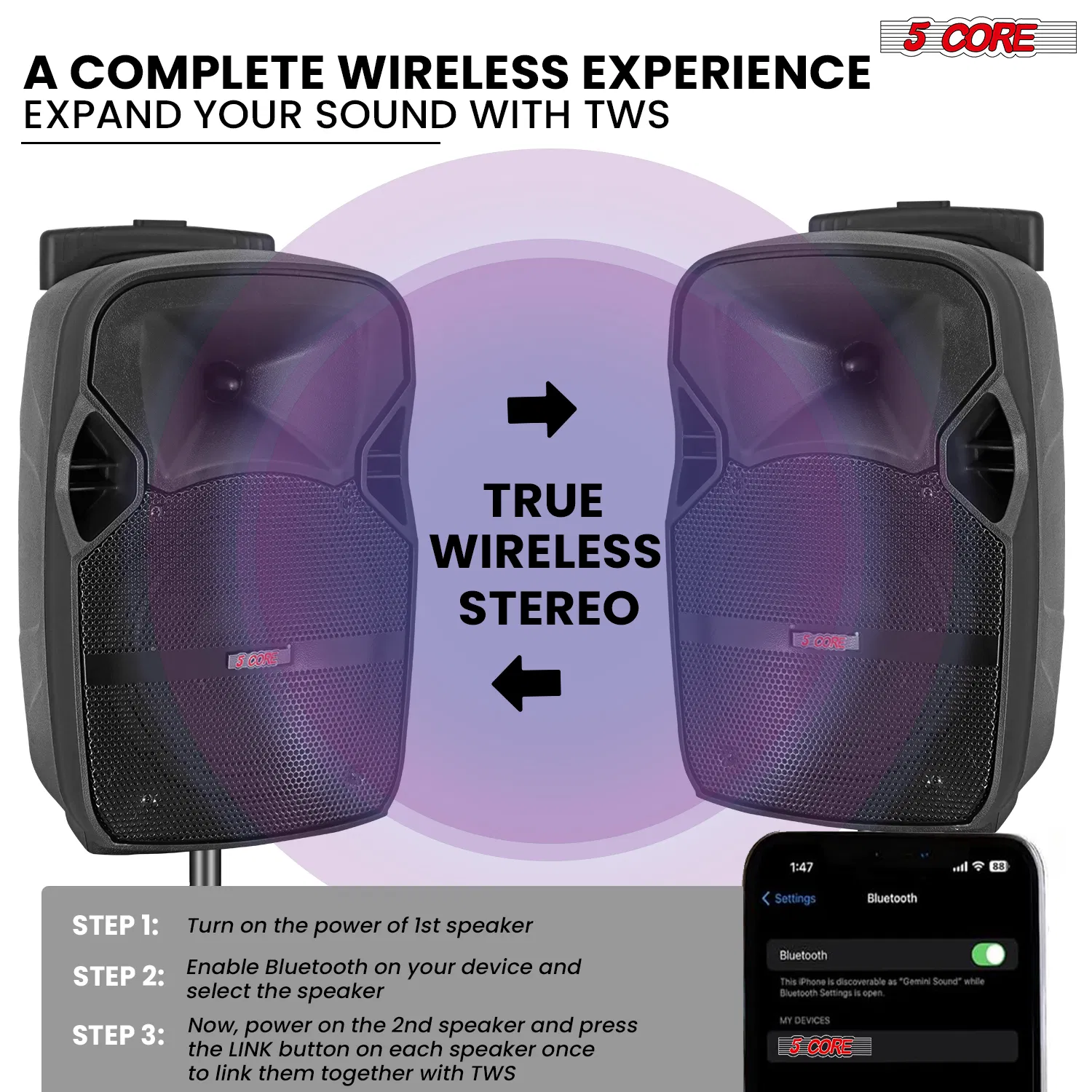 5 Core Party Speaker w Microphone 400W Big Rechargeable Bluetooth Loud PA DJ Karaoke System w Stand photo 2