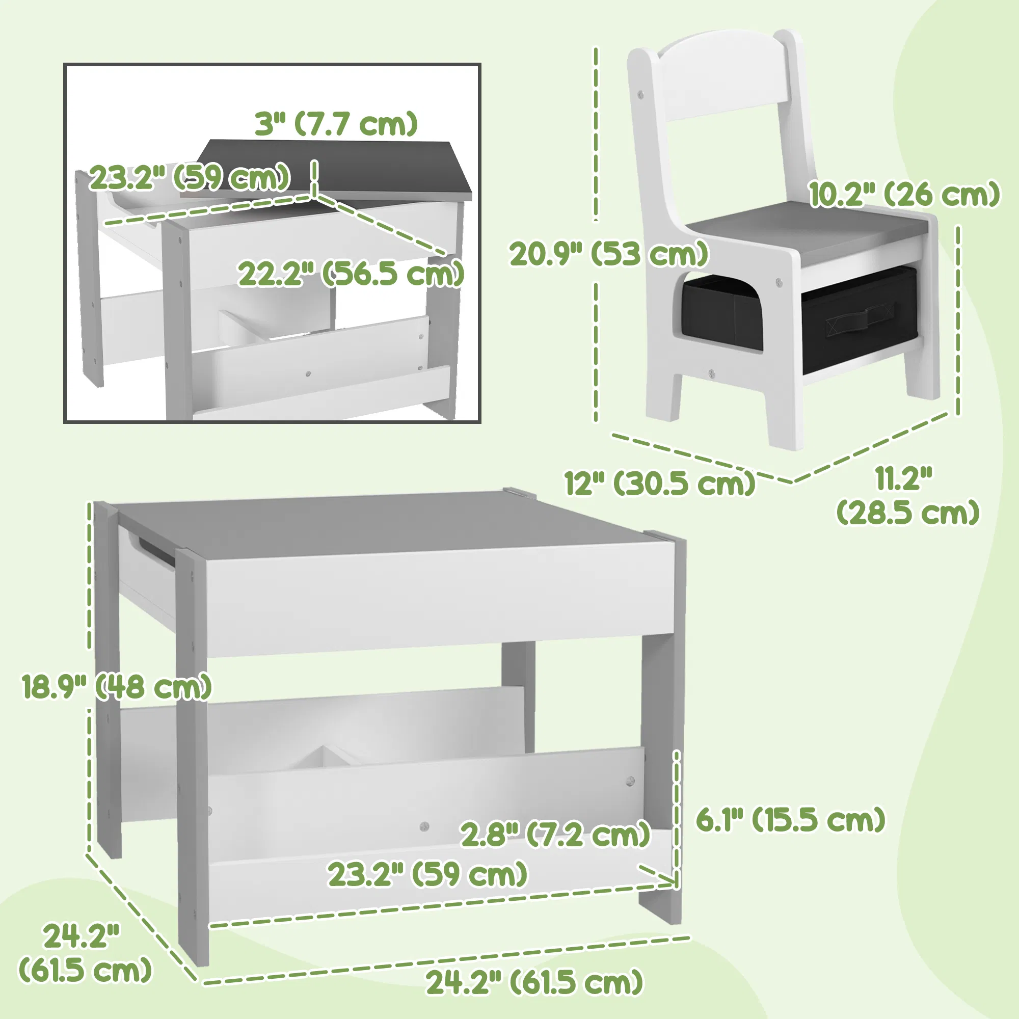 3 Piece Kids Table and Chair Set with Reversible Tabletop, Blackboard, Storage, Bookshelf, for Playroom, Nursery, Grey photo 5
