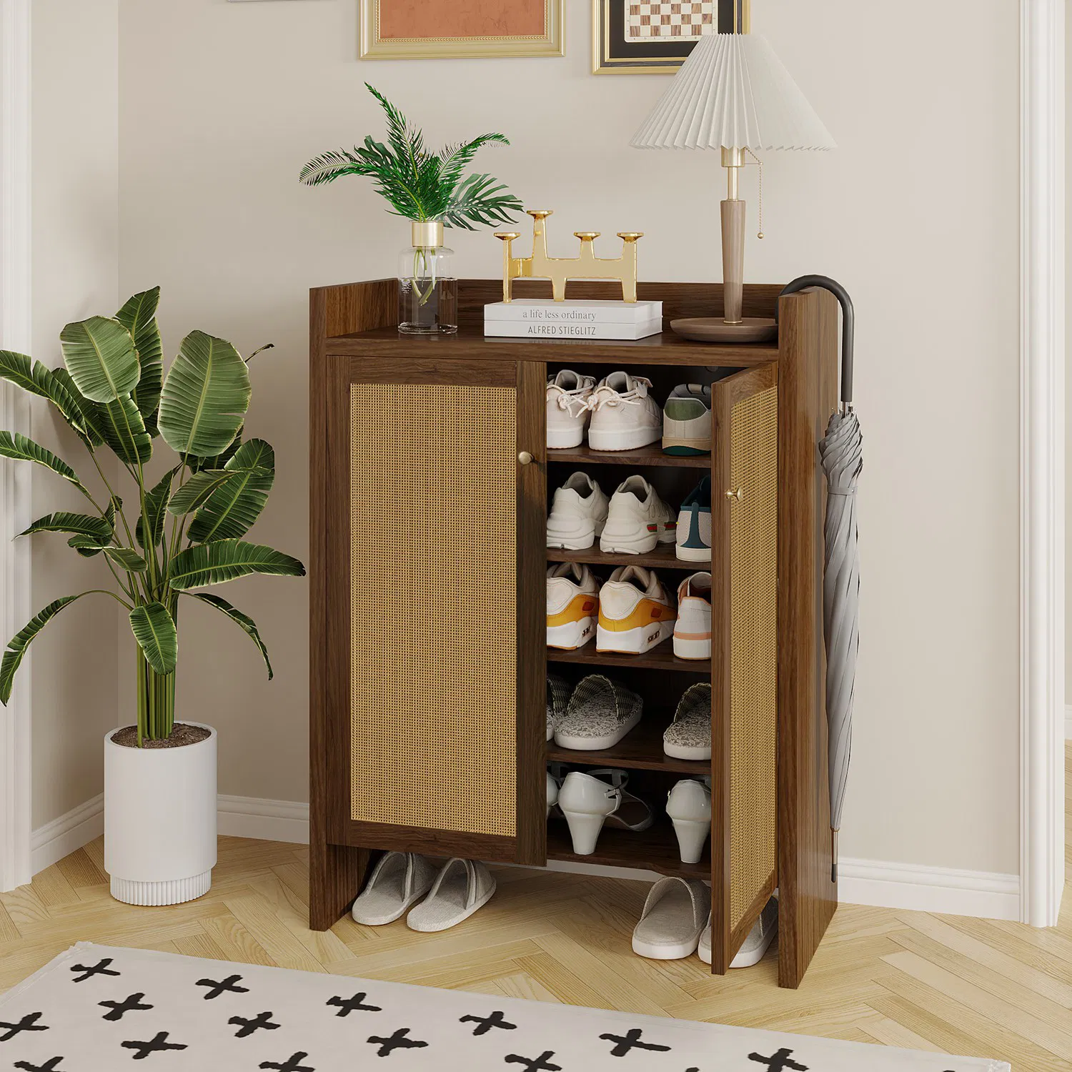 Shoe Cabinet Set, Large Capacity Shoe Storage Organizer Cabinet, Tall Rattan Shoe Cabinet with Doors and Shelves, 6-Tier Farmhouse Boho Wooden Storage Cabinet for Entryway Hallway photo 7