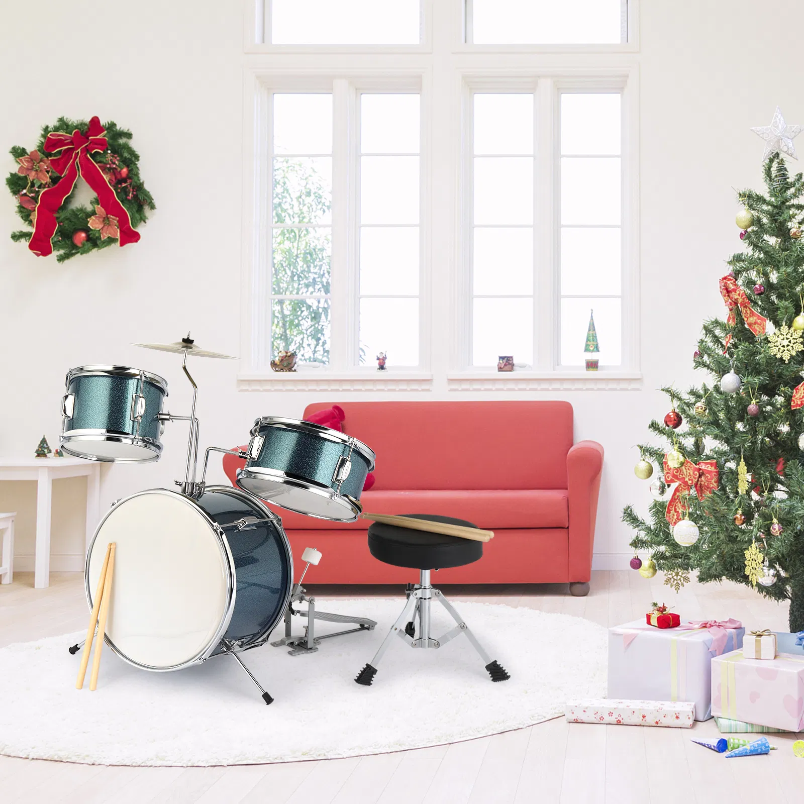 [Do Not Sell on Amazon]14"x10" 3-Pieces Junior Kids Drum Set Kit Pedal Drum Stick Wrench Drum Stool Sky Blue photo 4